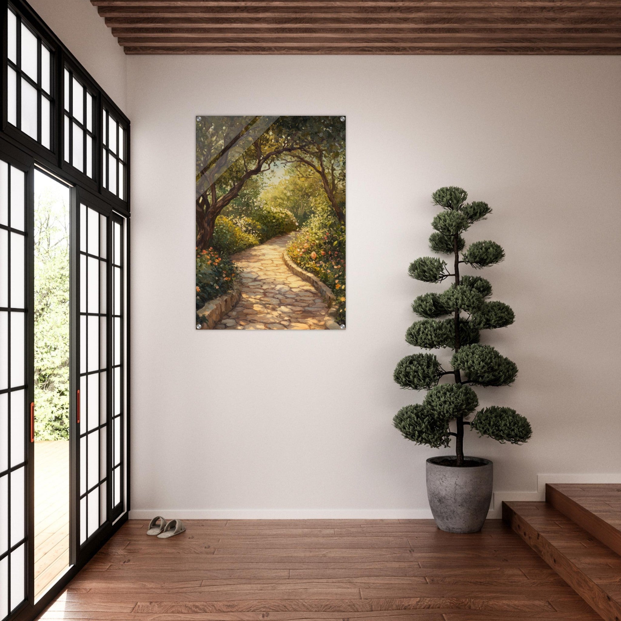 Acrylic Print Portrait - Sunlit Garden Path A meandering pathway through - Shop Ai Art WebShop - Digital Art online Store