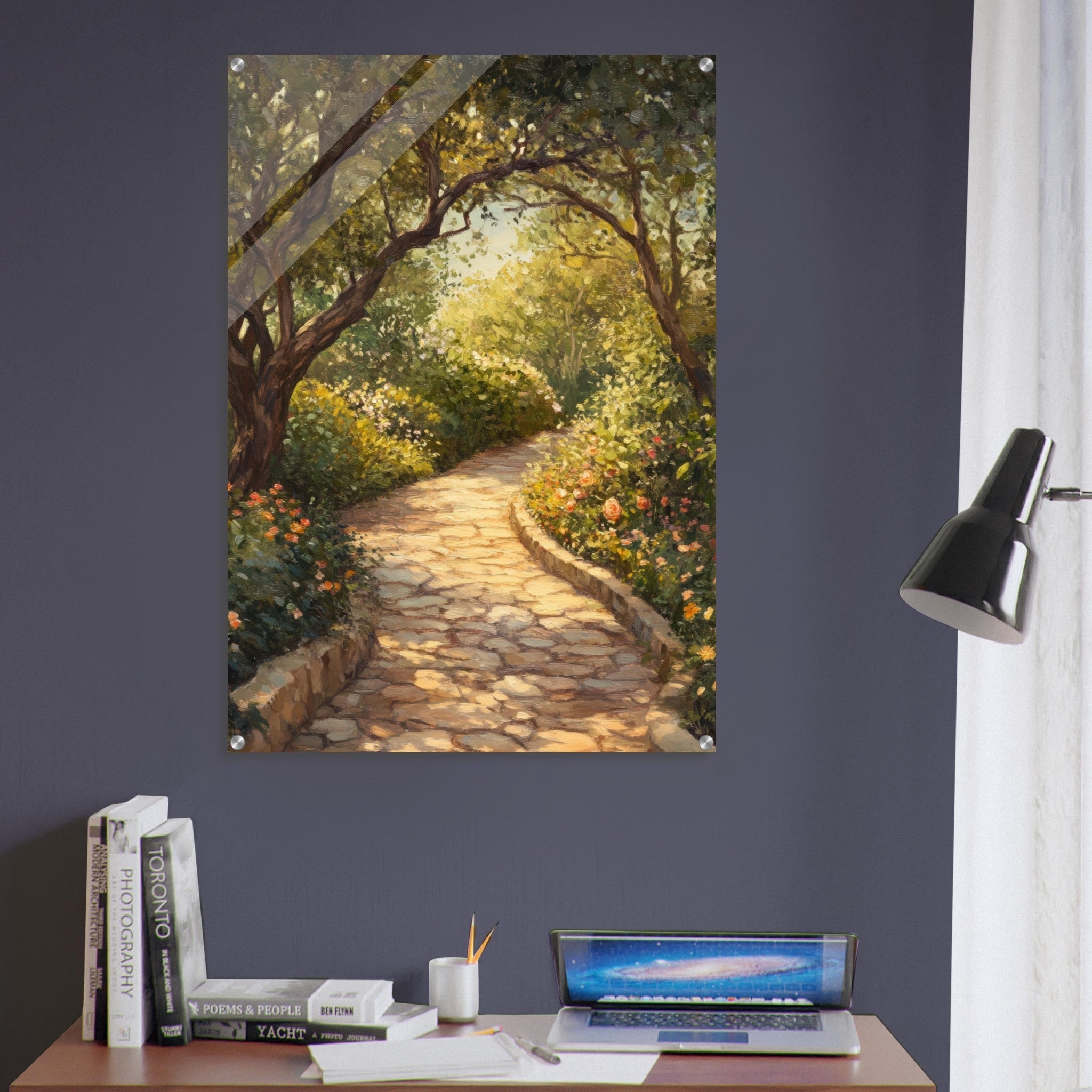 Acrylic Print Portrait - Sunlit Garden Path A meandering pathway through - Shop Ai Art WebShop - Digital Art online Store