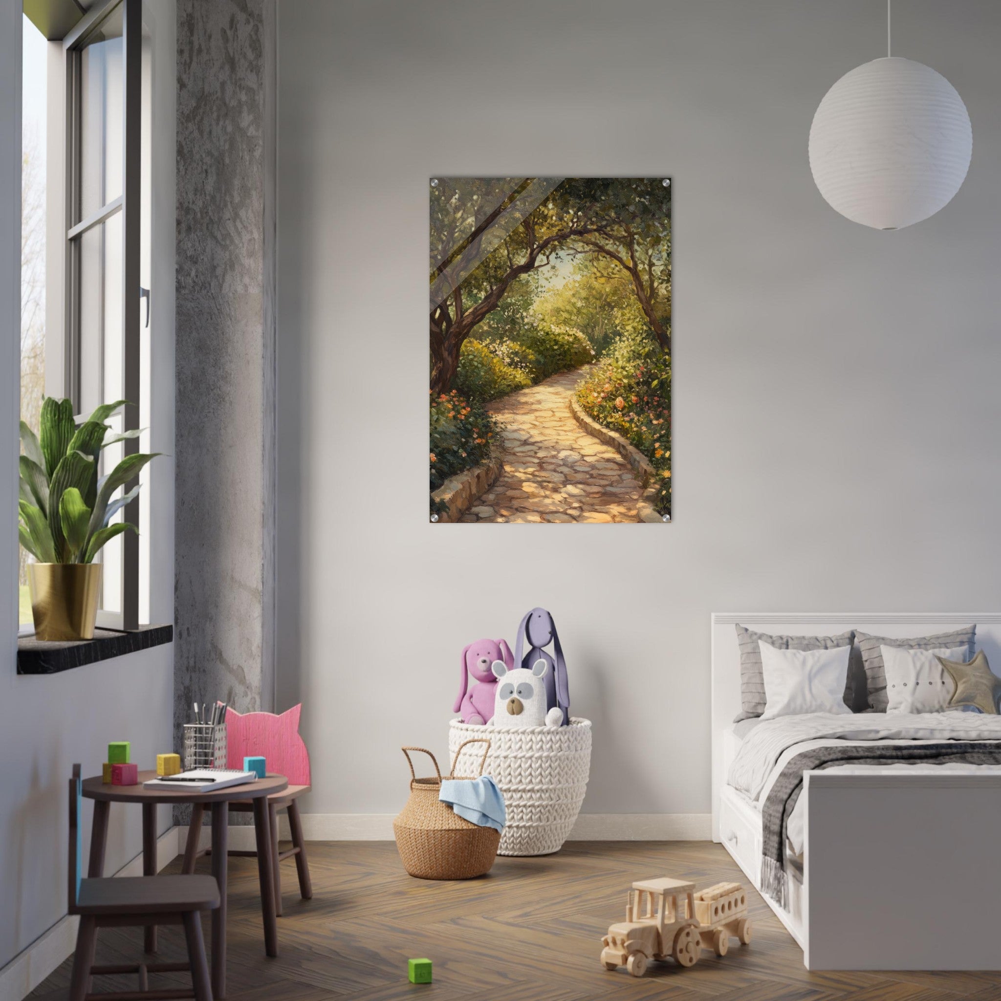 Acrylic Print Portrait - Sunlit Garden Path A meandering pathway through - Shop Ai Art WebShop - Digital Art online Store