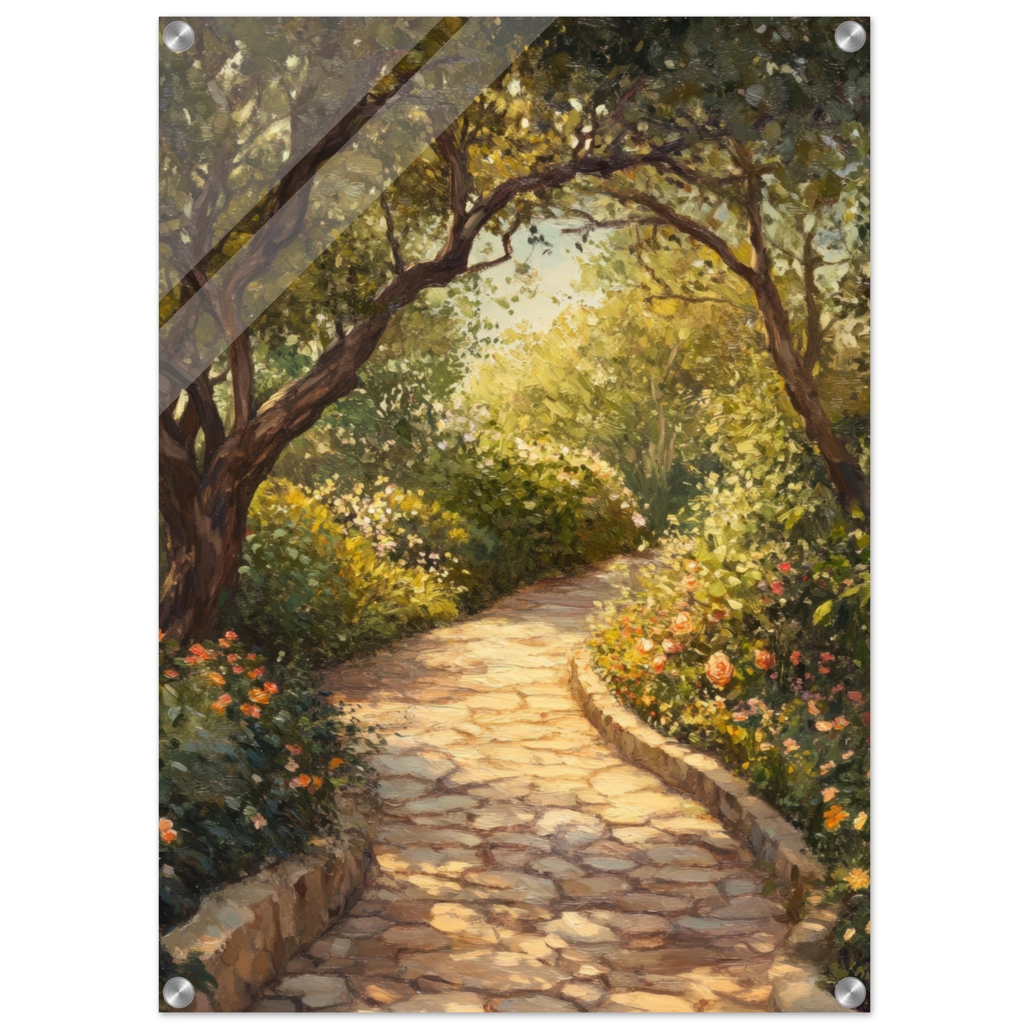 Acrylic Print Portrait - Sunlit Garden Path A meandering pathway through - Shop Ai Art WebShop - Digital Art online Store