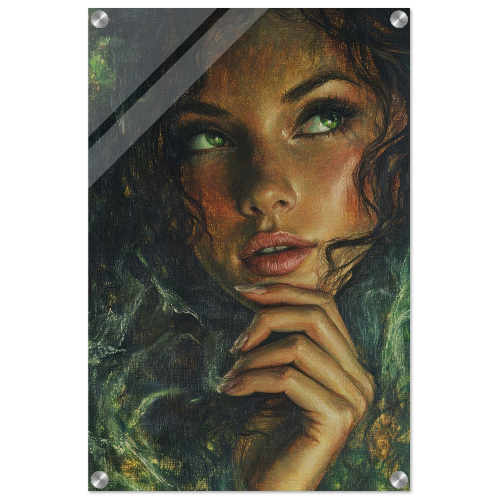 Acrylic Print Portrait - The Fae Sorceress of the Emerald Woods Oil Faint 3 - Shop Ai Art WebShop - Digital Art online Store