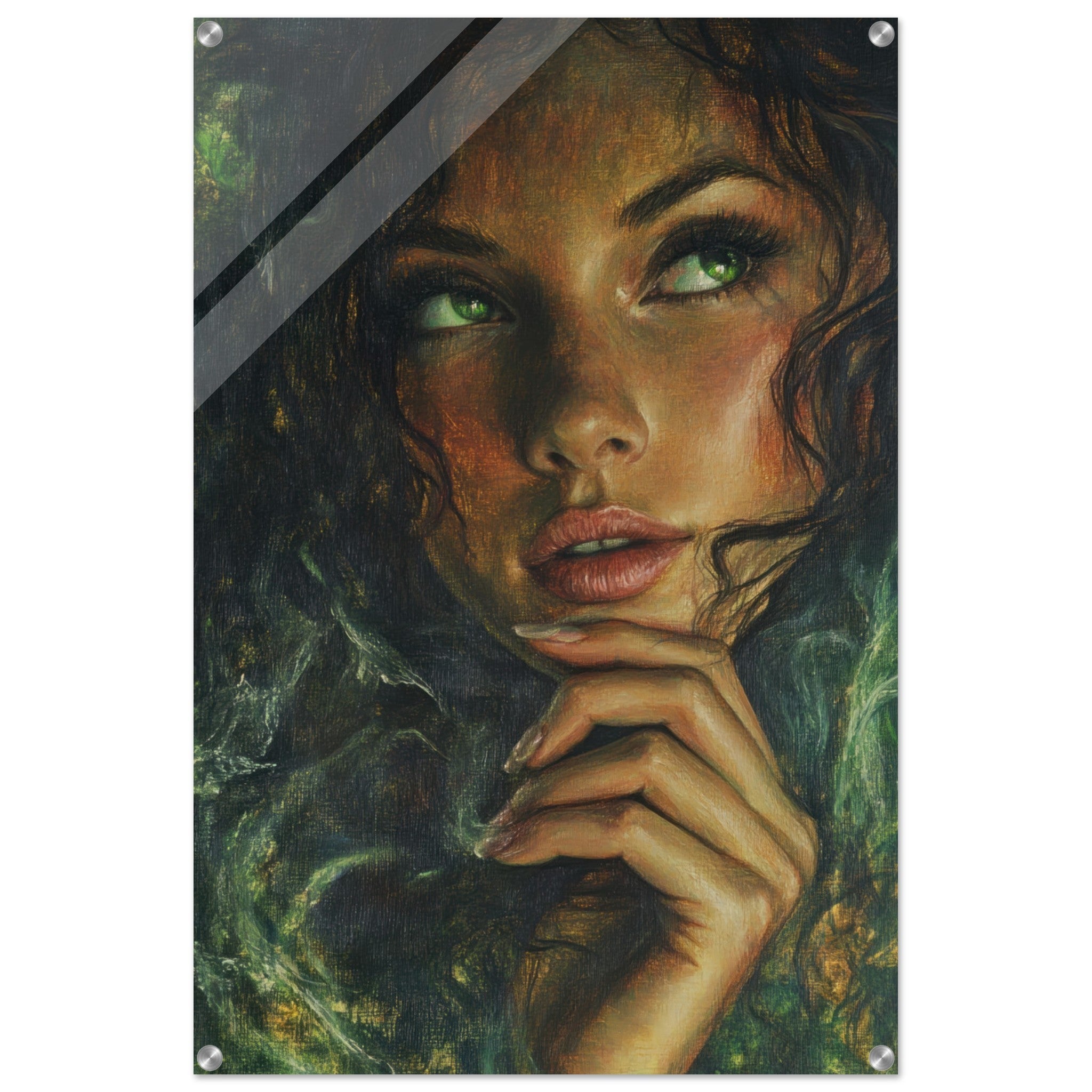 Acrylic Print Portrait - The Fae Sorceress of the Emerald Woods Oil Faint 3 - Shop Ai Art WebShop - Digital Art online Store