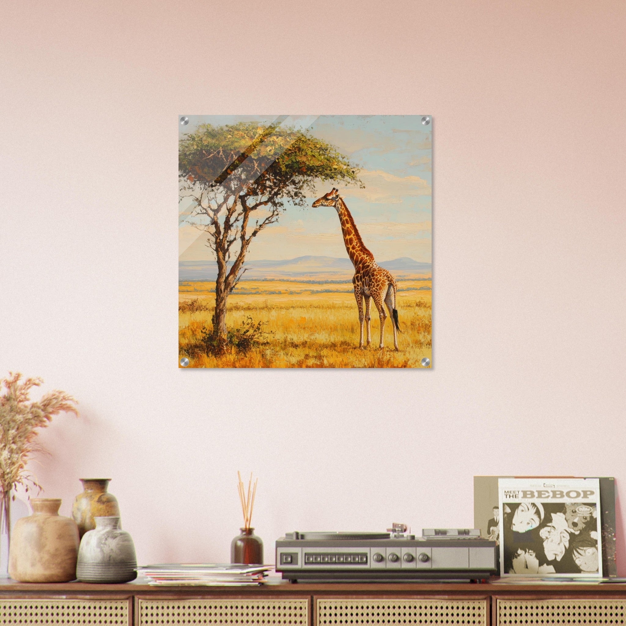 Acrylic Print Square - Giraffe Grazing in the Savannah - Shop Ai Art WebShop - Digital Art online Store