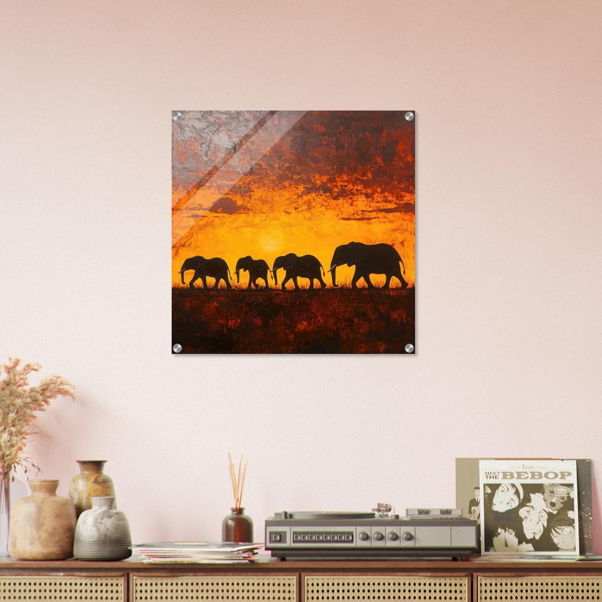 Acrylic Print Square - Herd of Elephants at Sunset 1 - Shop Ai Art WebShop - Digital Art online Store