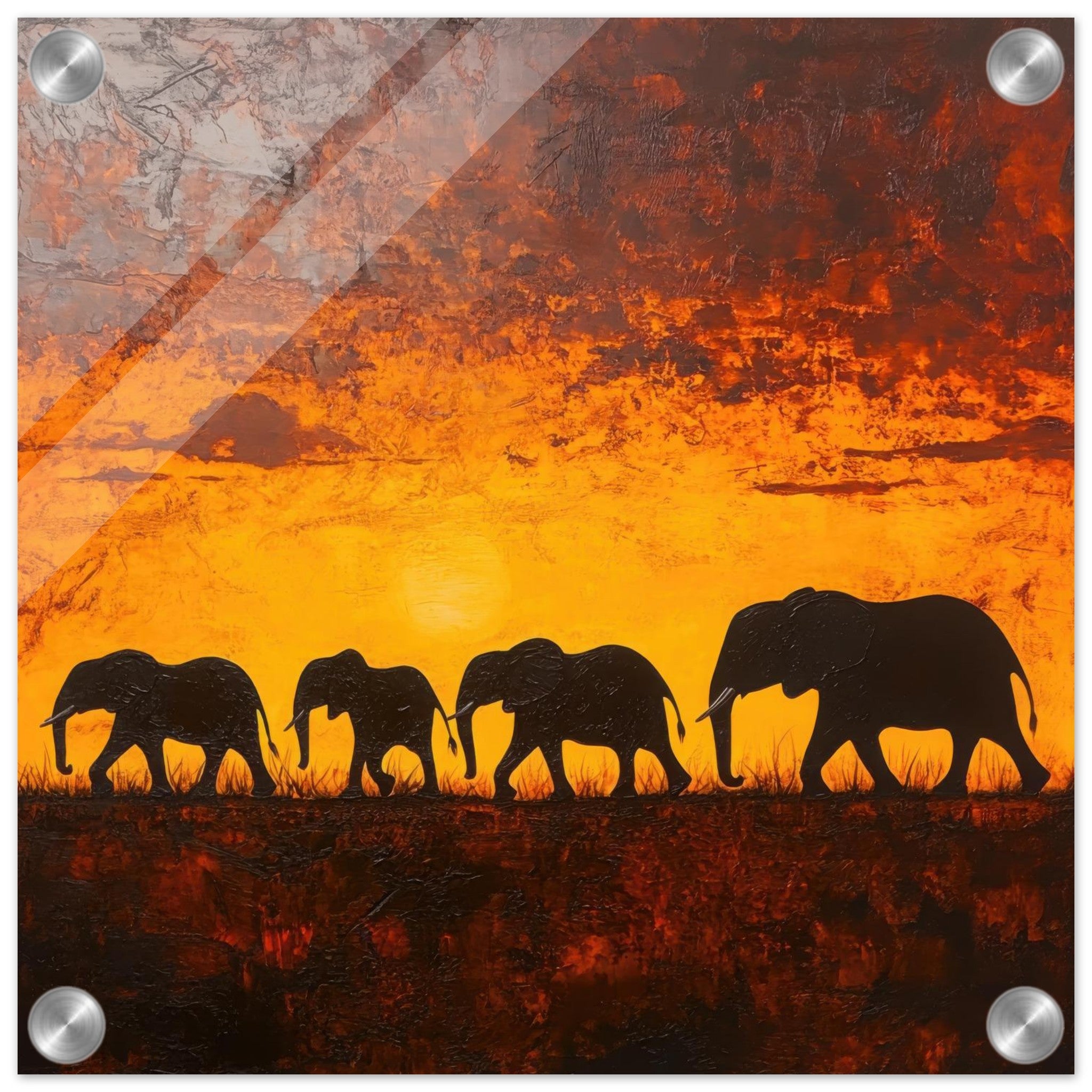Acrylic Print Square - Herd of Elephants at Sunset 1 - Shop Ai Art WebShop - Digital Art online Store
