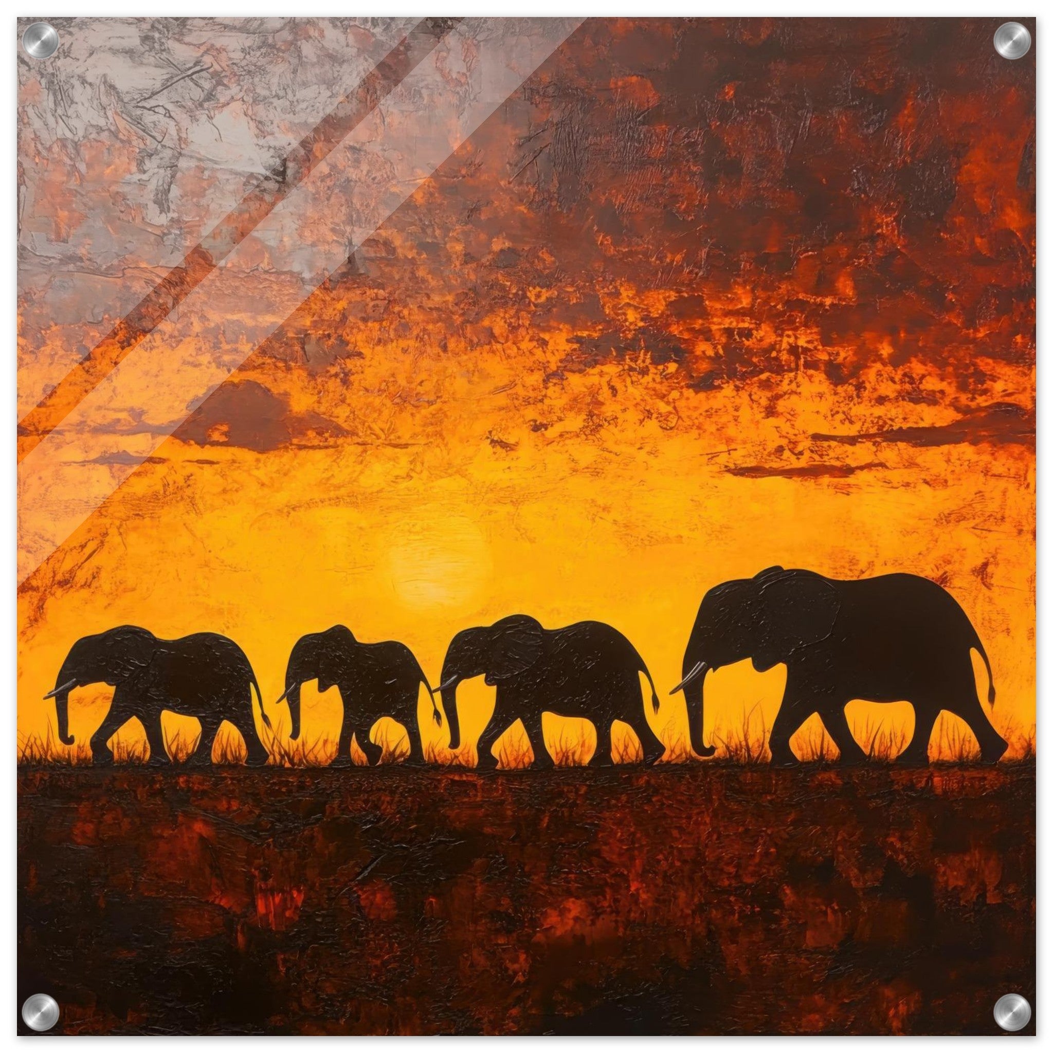 Acrylic Print Square - Herd of Elephants at Sunset 1 - Shop Ai Art WebShop - Digital Art online Store
