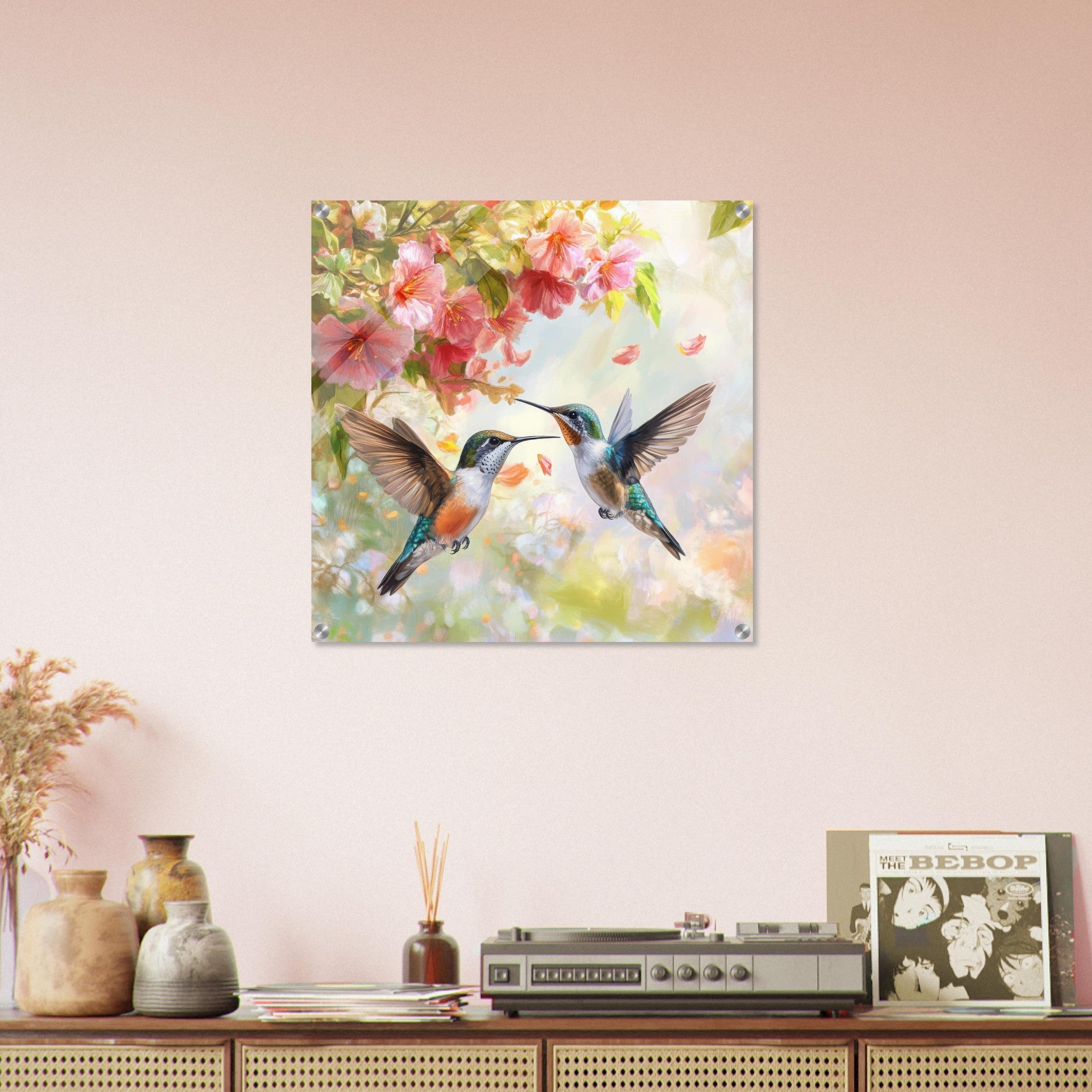 Acrylic Print Square - Hummingbirds Feeding on Flowers 1 - Shop Ai Art WebShop - Digital Art online Store