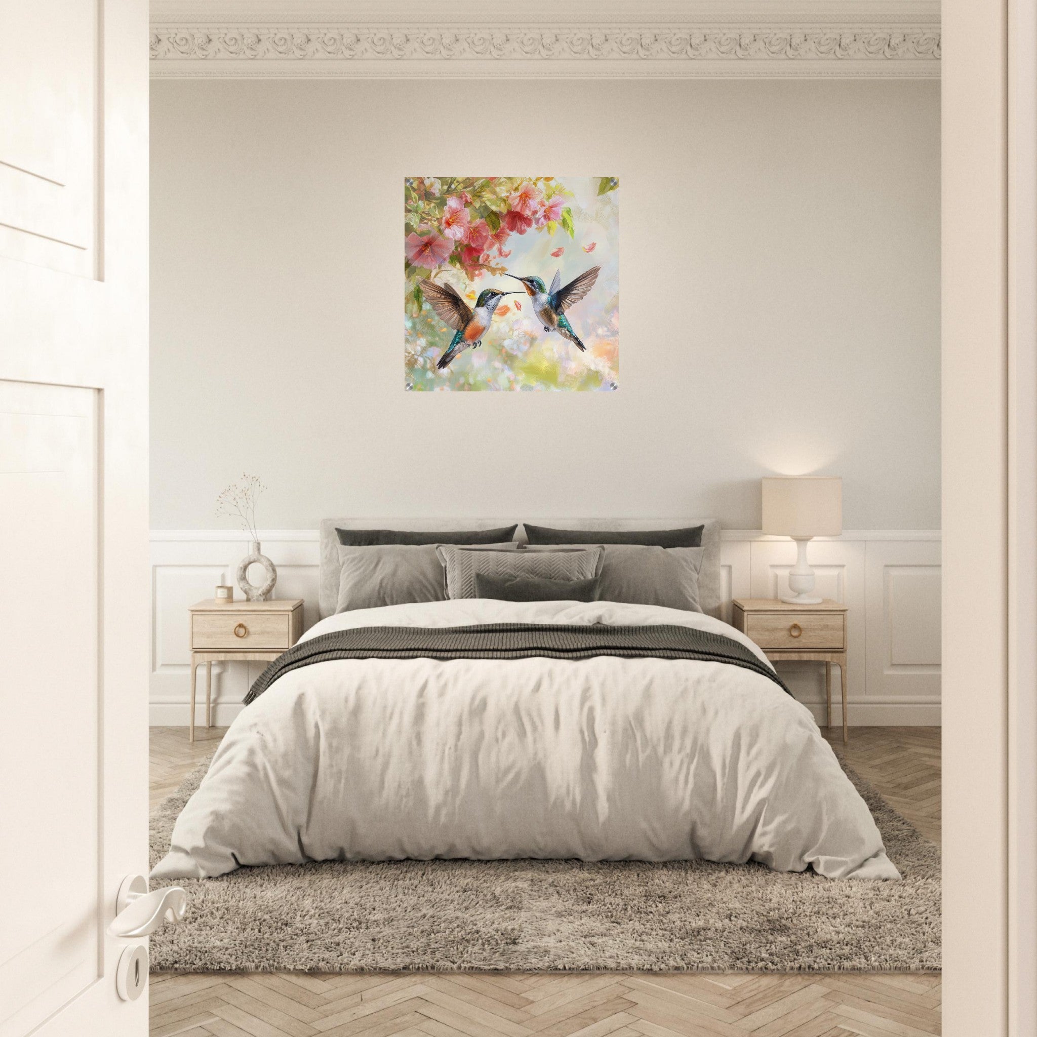 Acrylic Print Square - Hummingbirds Feeding on Flowers 1 - Shop Ai Art WebShop - Digital Art online Store