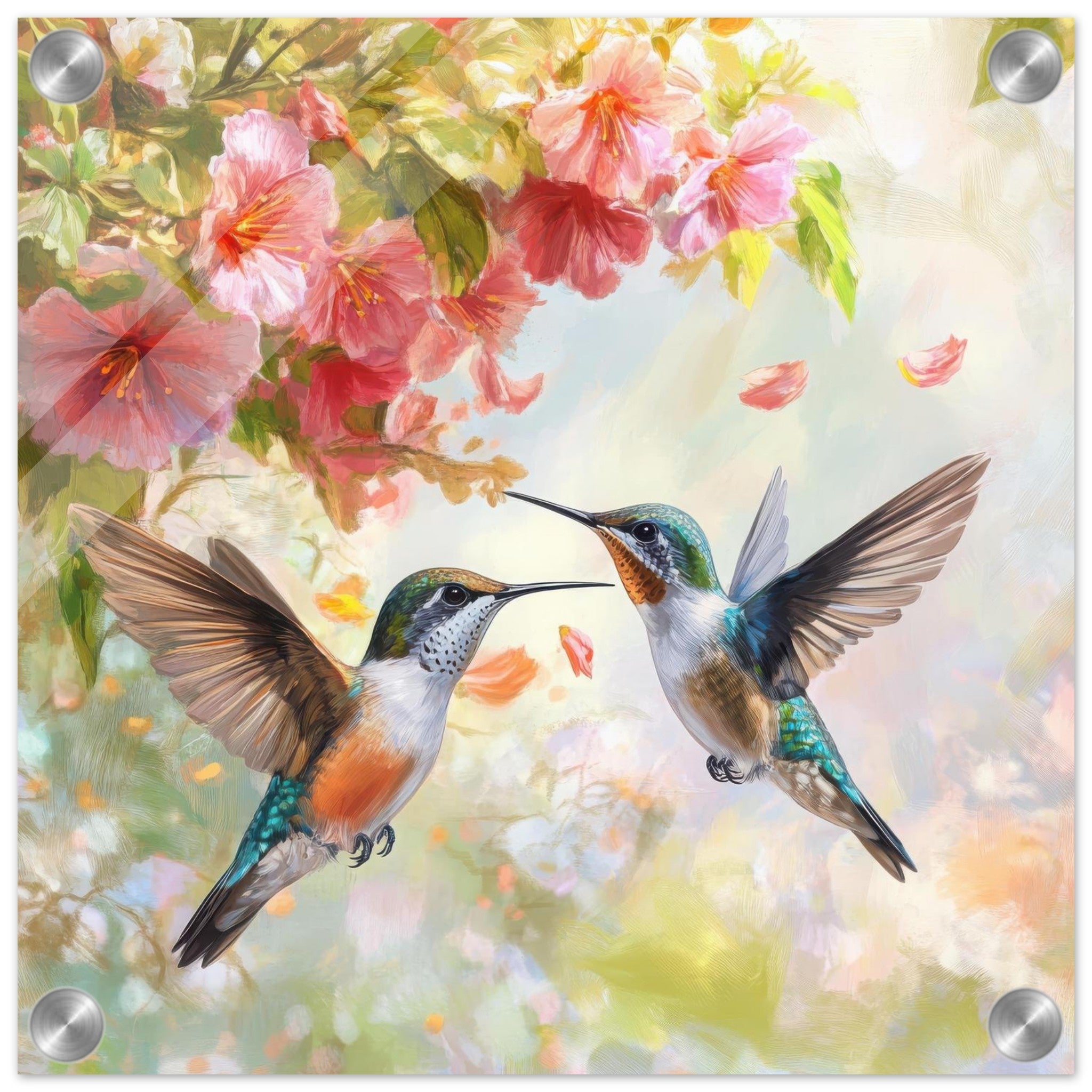 Acrylic Print Square - Hummingbirds Feeding on Flowers 1 - Shop Ai Art WebShop - Digital Art online Store