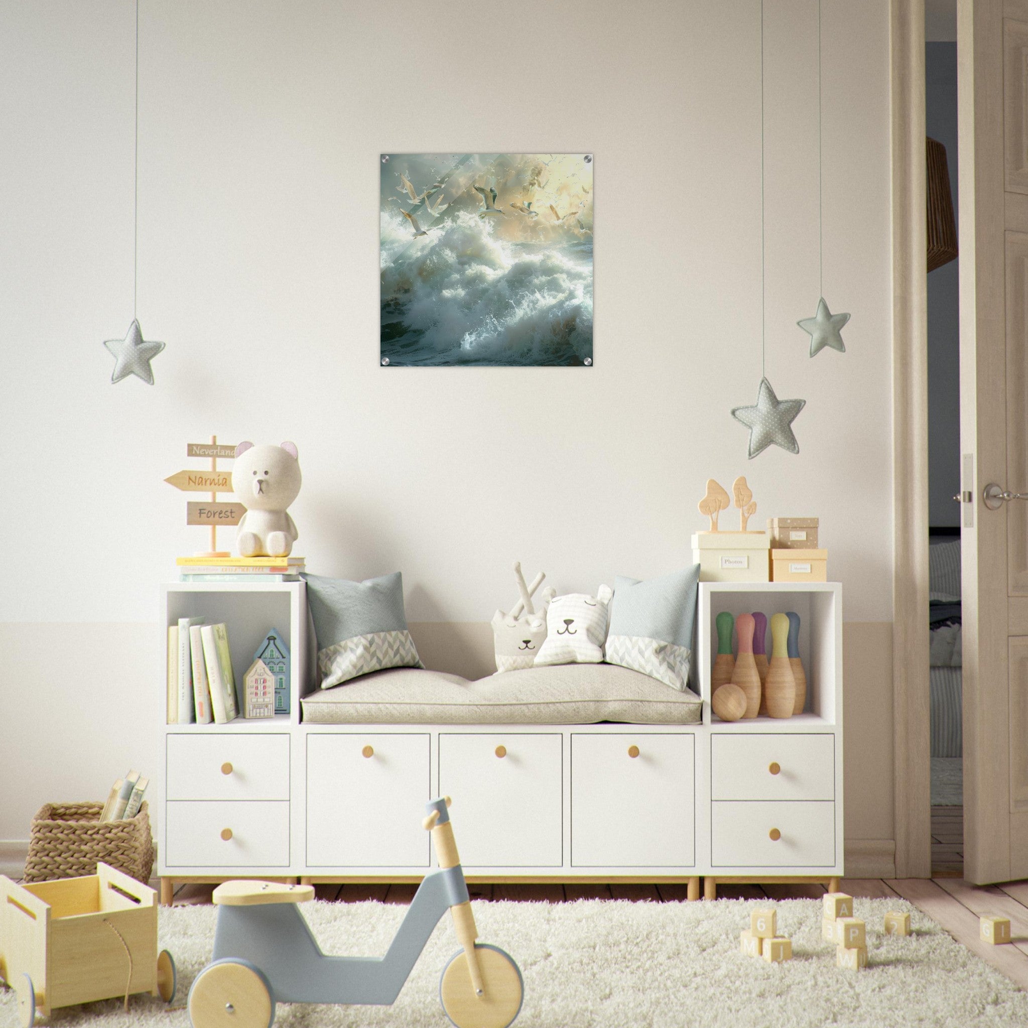 Acrylic Print Square - Impressionism beautiful seawaves with seagels flying around 2 - Shop Ai Art WebShop - Digital Art online Store