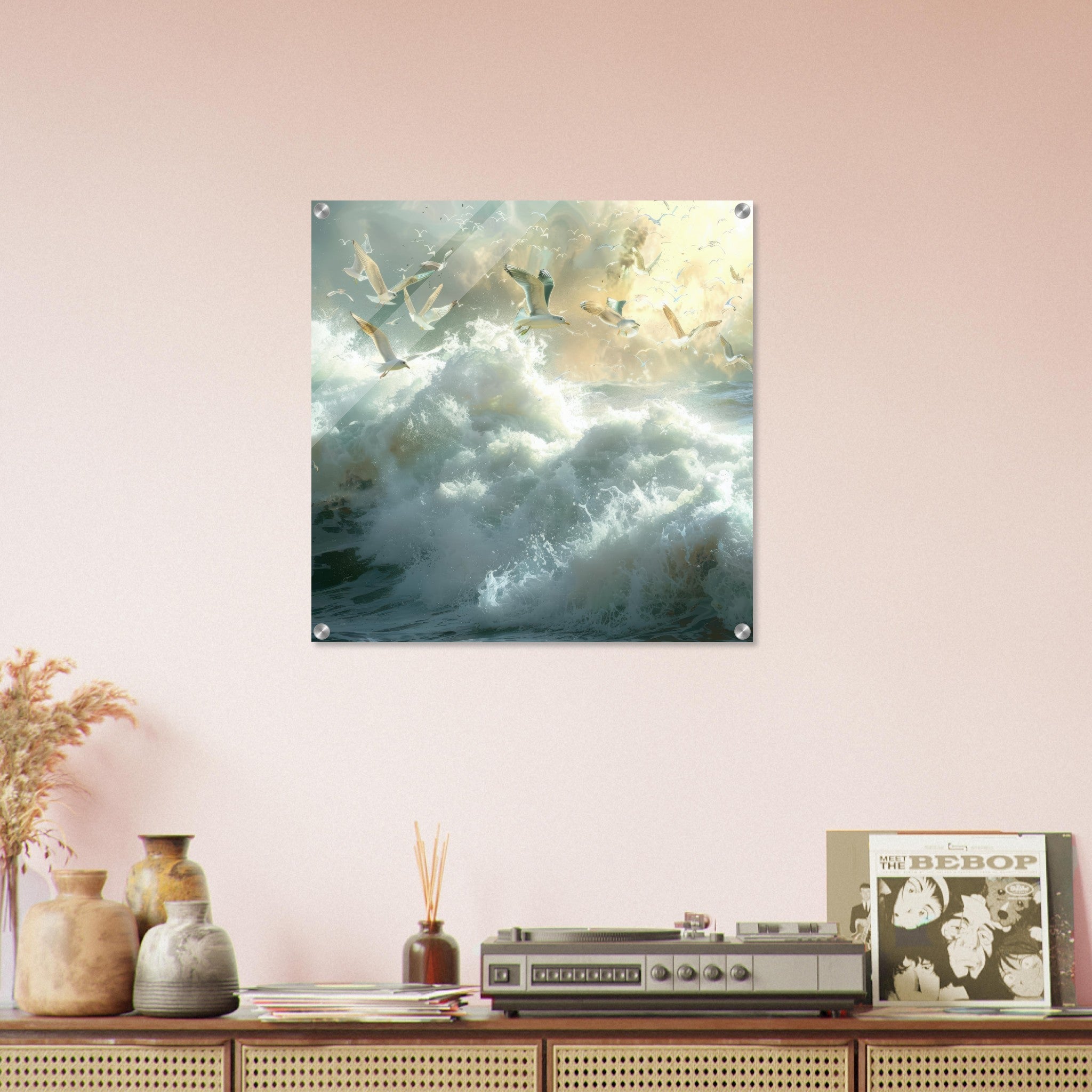 Acrylic Print Square - Impressionism beautiful seawaves with seagels flying around 2 - Shop Ai Art WebShop - Digital Art online Store