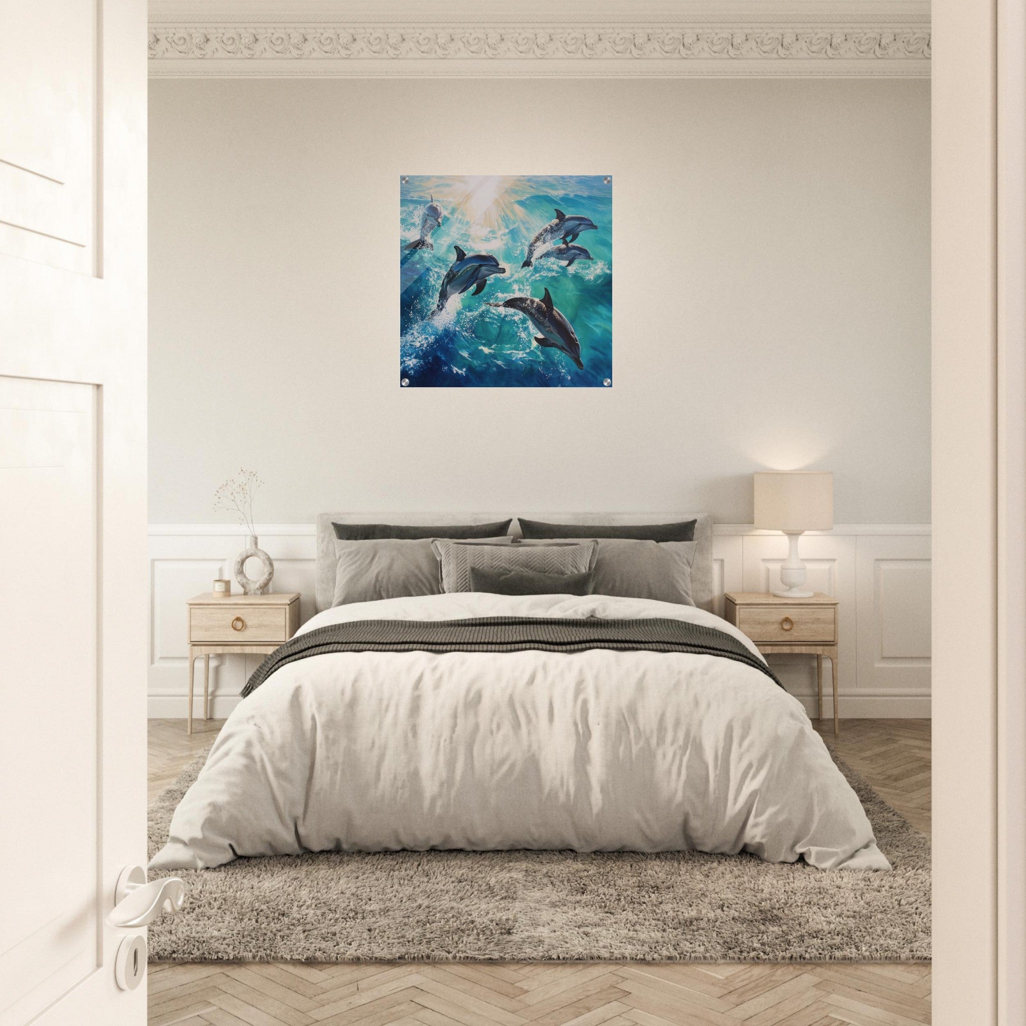 Acrylic Print Square - Playful Dolphins in Crystal Clear Waters - Shop Ai Art WebShop - Digital Art online Store