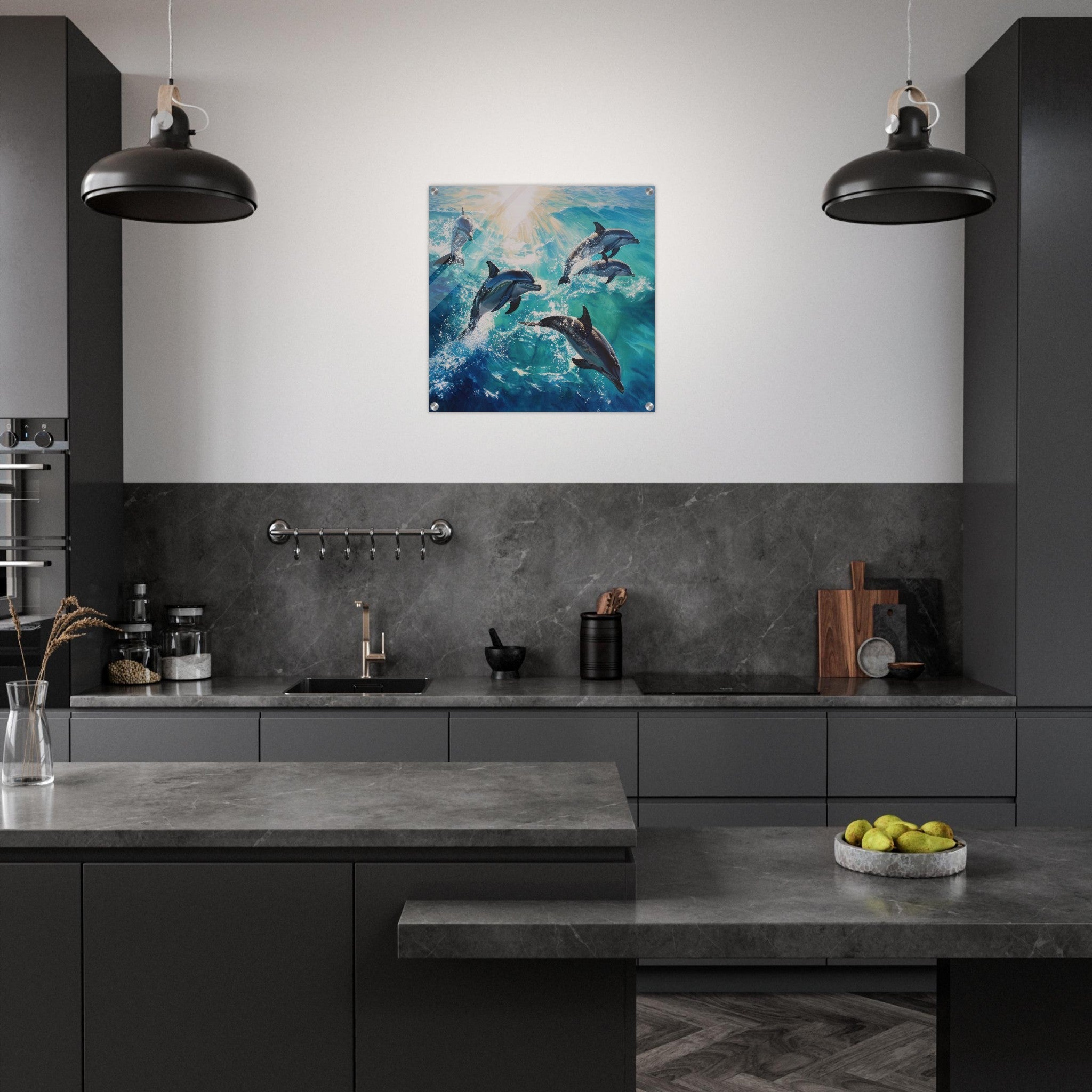 Acrylic Print Square - Playful Dolphins in Crystal Clear Waters - Shop Ai Art WebShop - Digital Art online Store