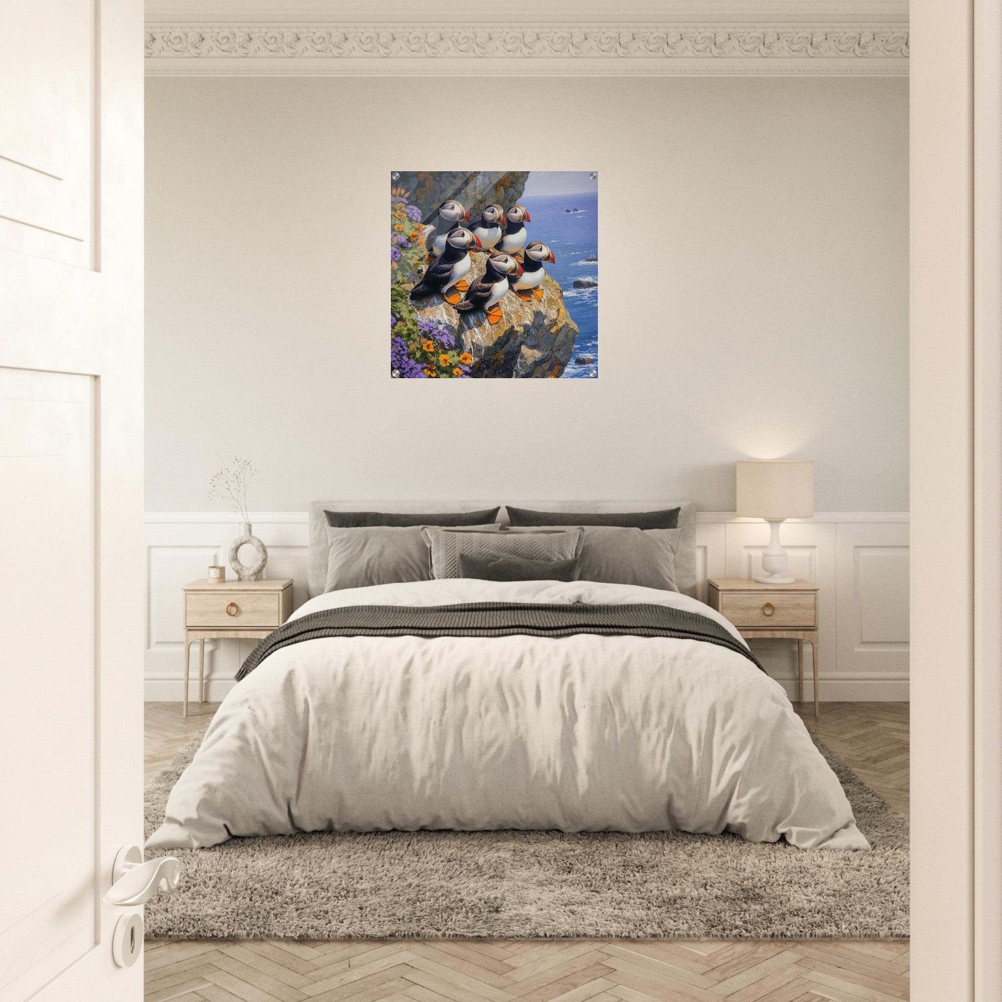 Acrylic Print Square - Puffins Nesting on a Cliffside 2 - Shop Ai Art WebShop - Digital Art online Store