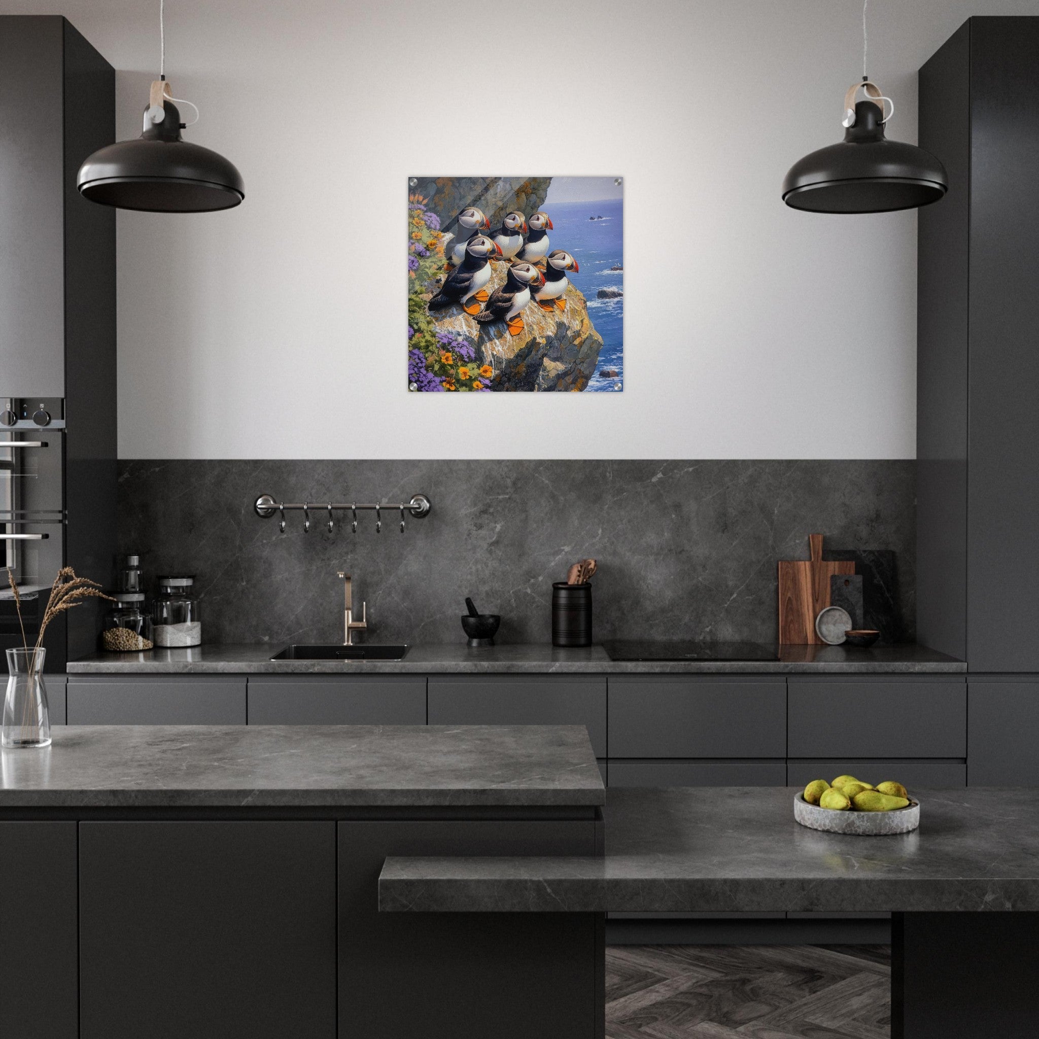 Acrylic Print Square - Puffins Nesting on a Cliffside 2 - Shop Ai Art WebShop - Digital Art online Store