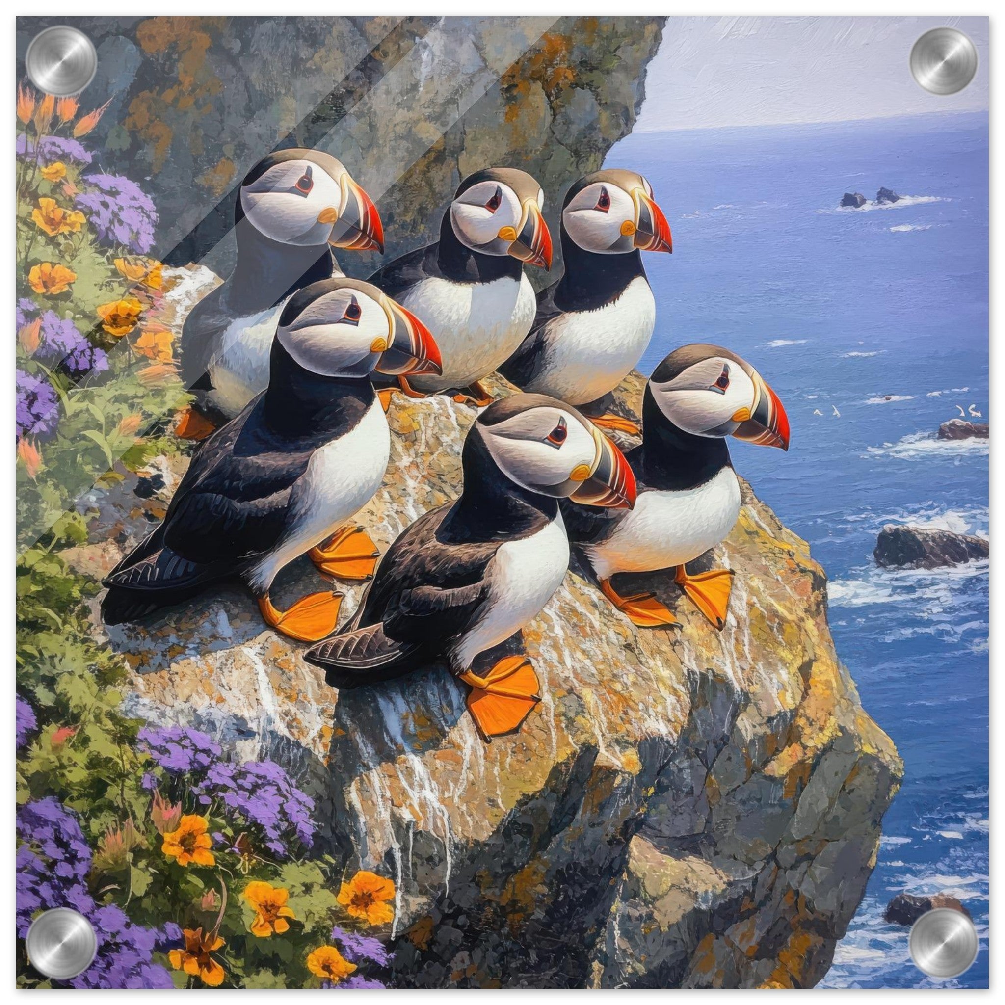Acrylic Print Square - Puffins Nesting on a Cliffside 2 - Shop Ai Art WebShop - Digital Art online Store