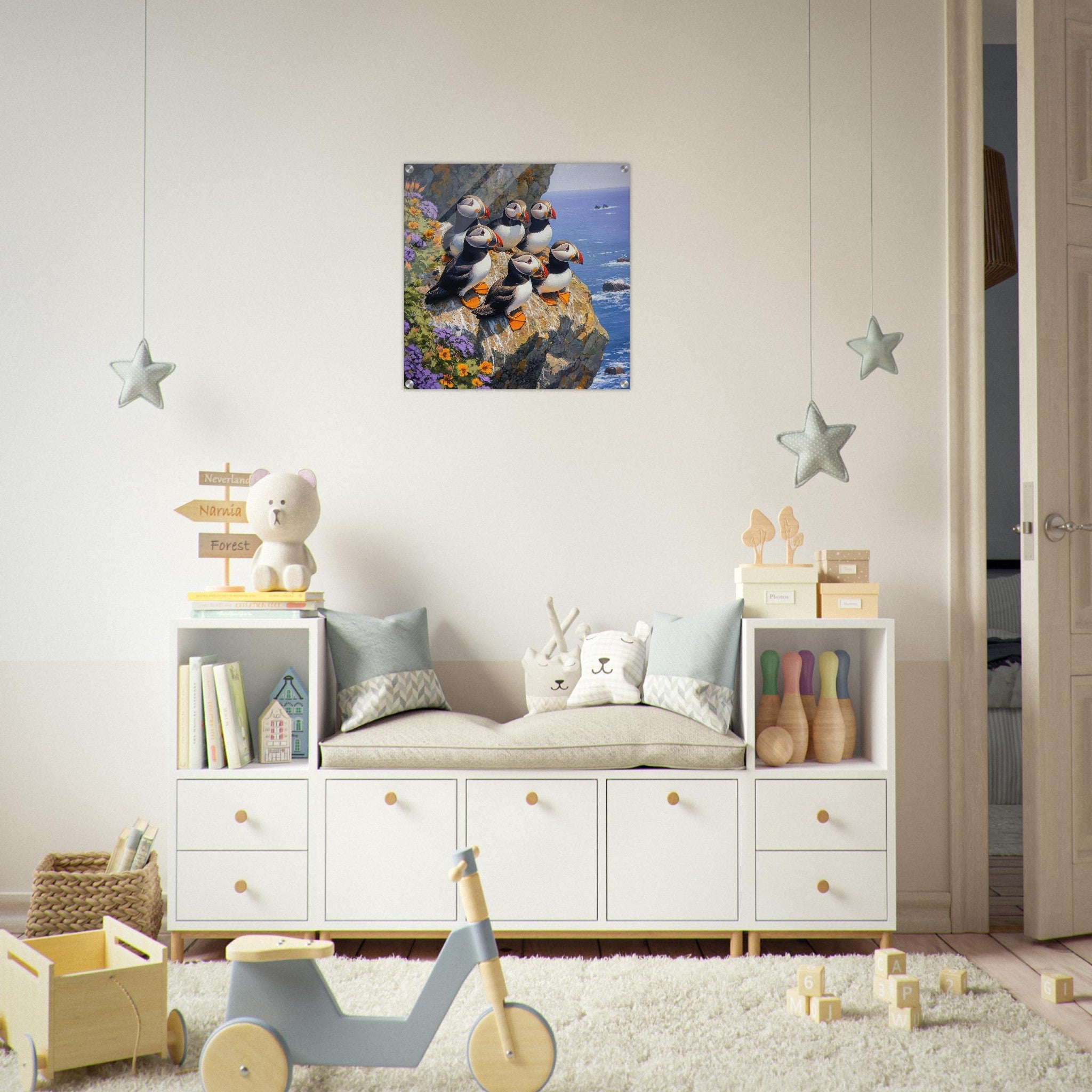 Acrylic Print Square - Puffins Nesting on a Cliffside 2 - Shop Ai Art WebShop - Digital Art online Store