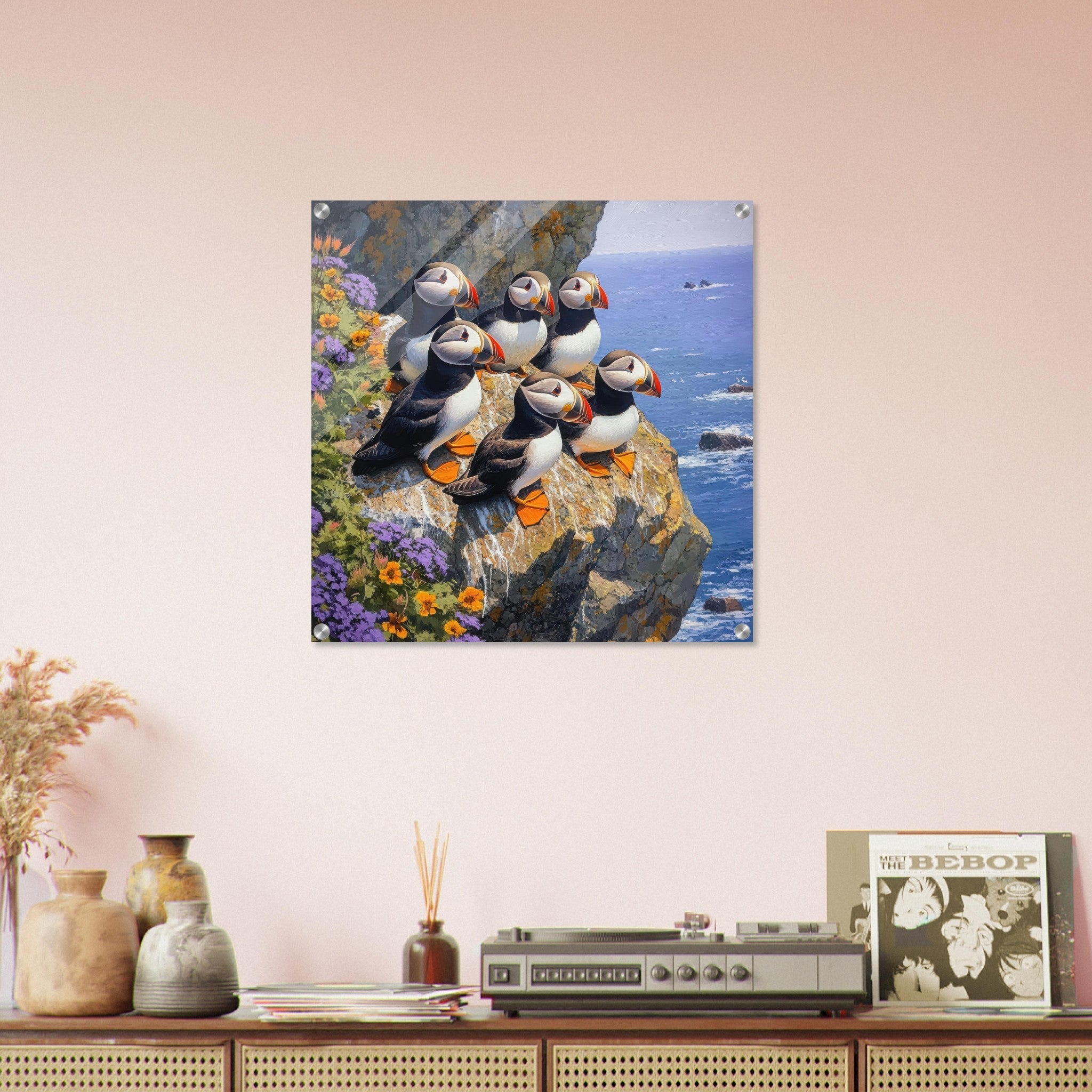 Acrylic Print Square - Puffins Nesting on a Cliffside 2 - Shop Ai Art WebShop - Digital Art online Store