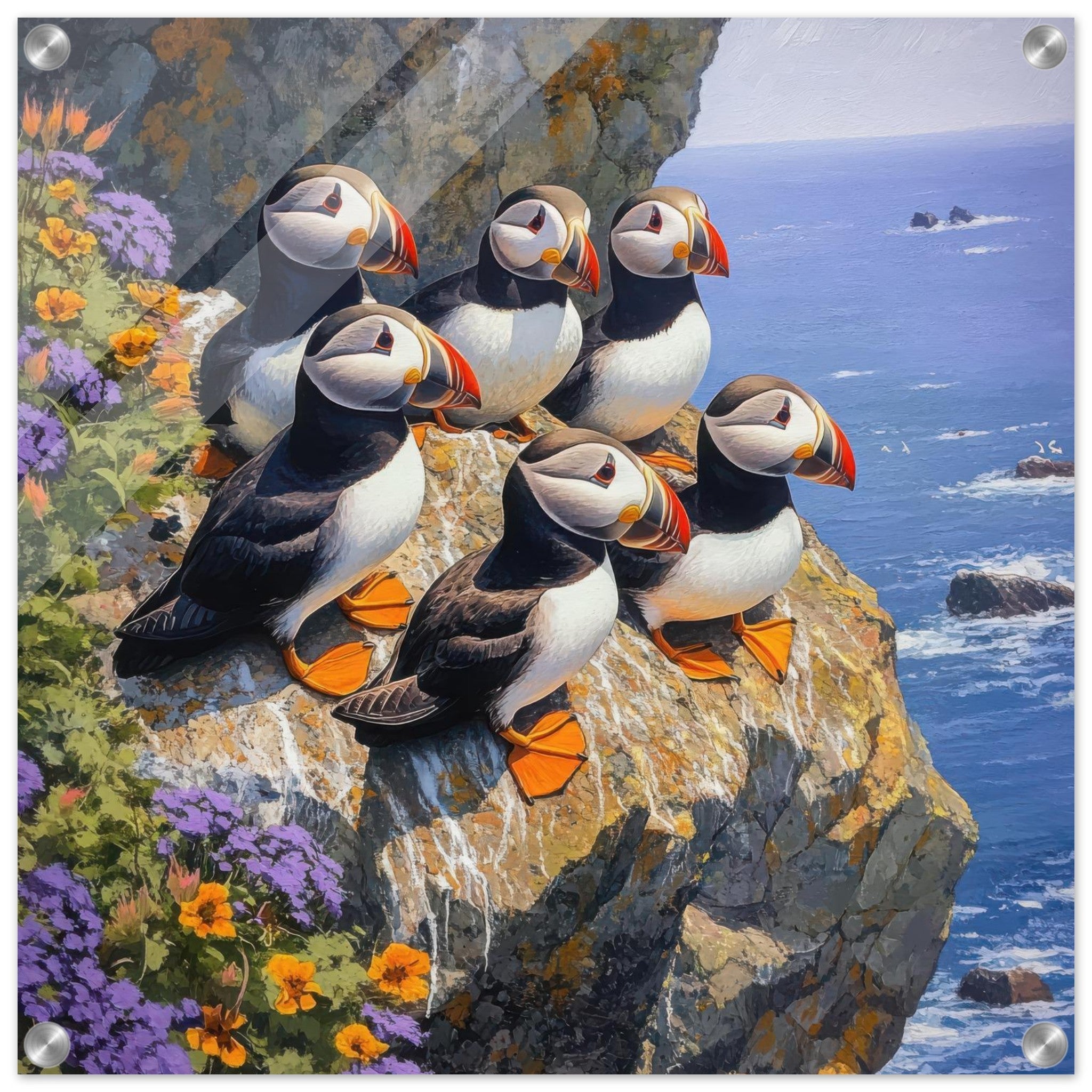 Acrylic Print Square - Puffins Nesting on a Cliffside 2 - Shop Ai Art WebShop - Digital Art online Store