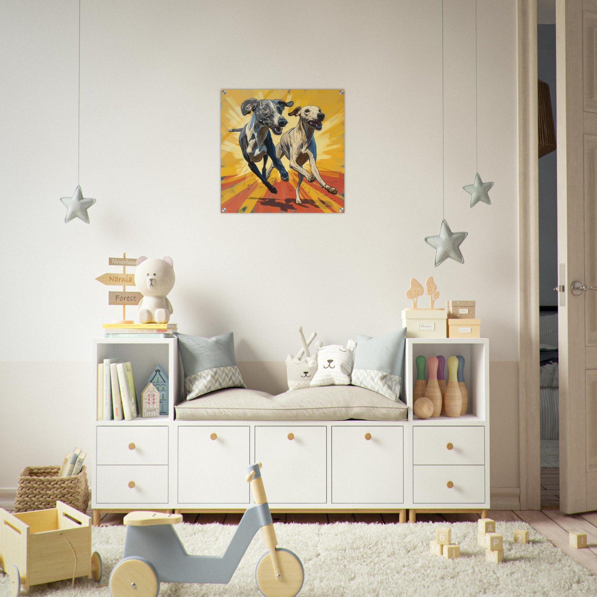 Acrylic Print Square - Whippets love playing 4 - Shop Ai Art WebShop - Digital Art online Store