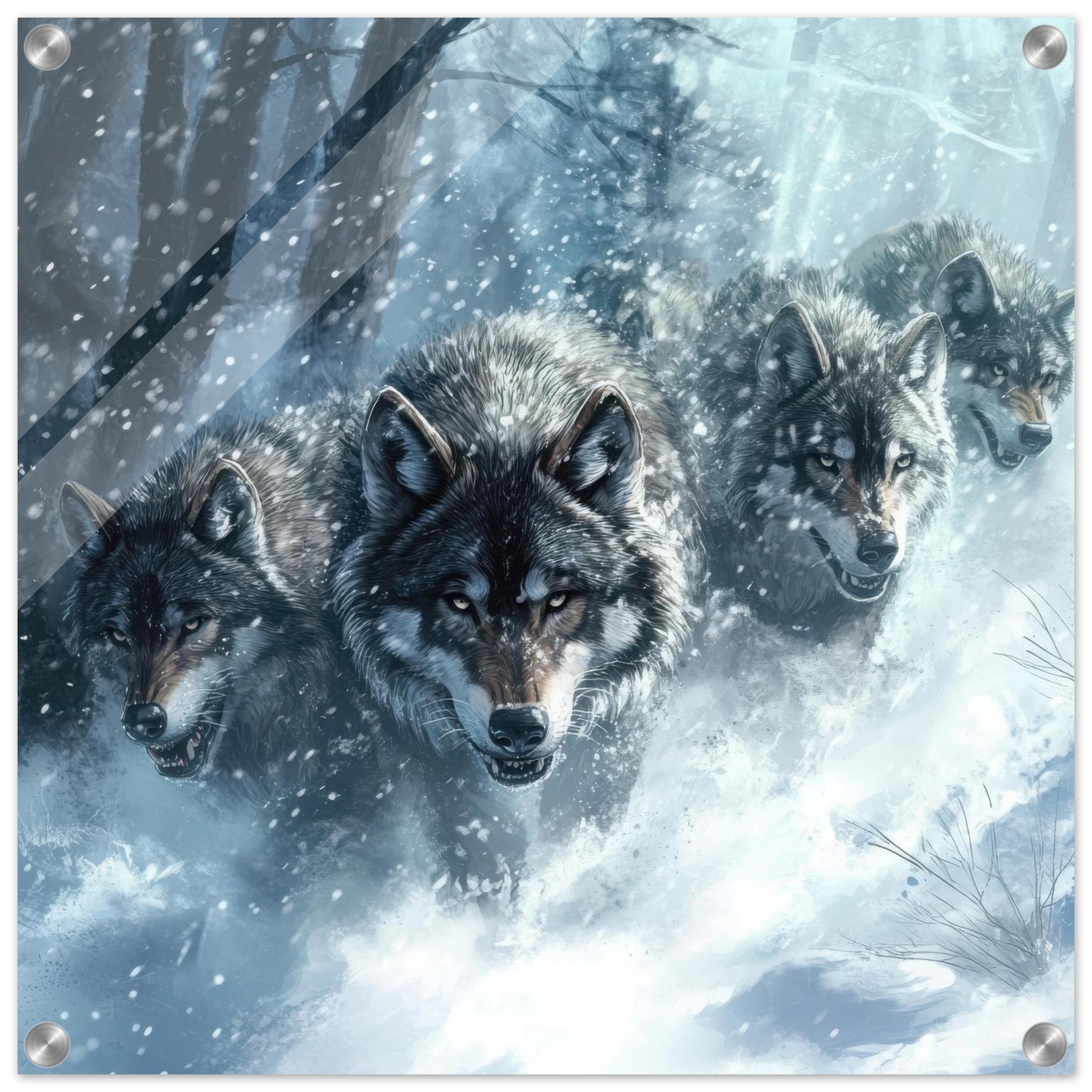 Acrylic Print Square - Wolf Pack in the Snowy Wilderness - Ai Art Force