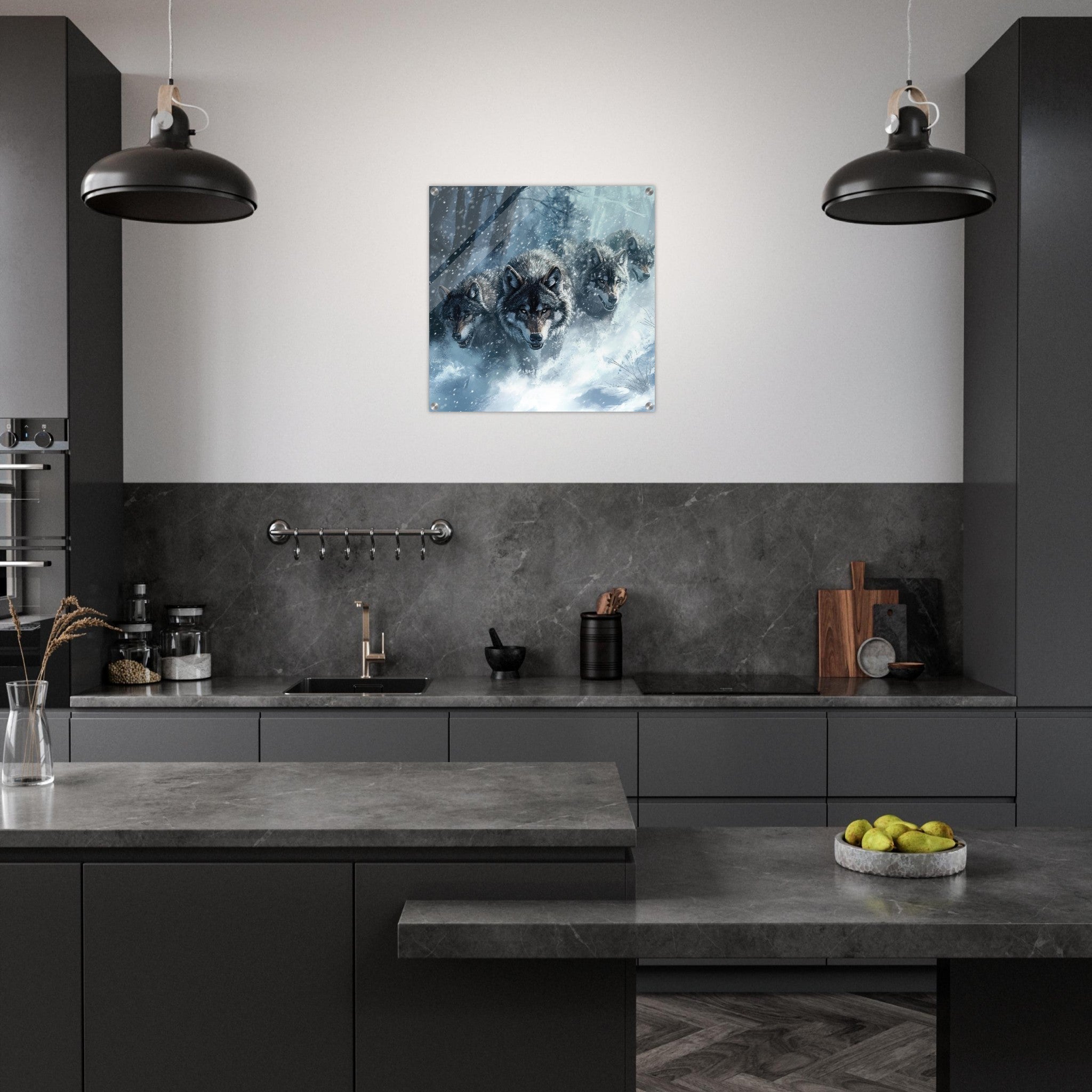 Acrylic Print Square - Wolf Pack in the Snowy Wilderness - Ai Art Force