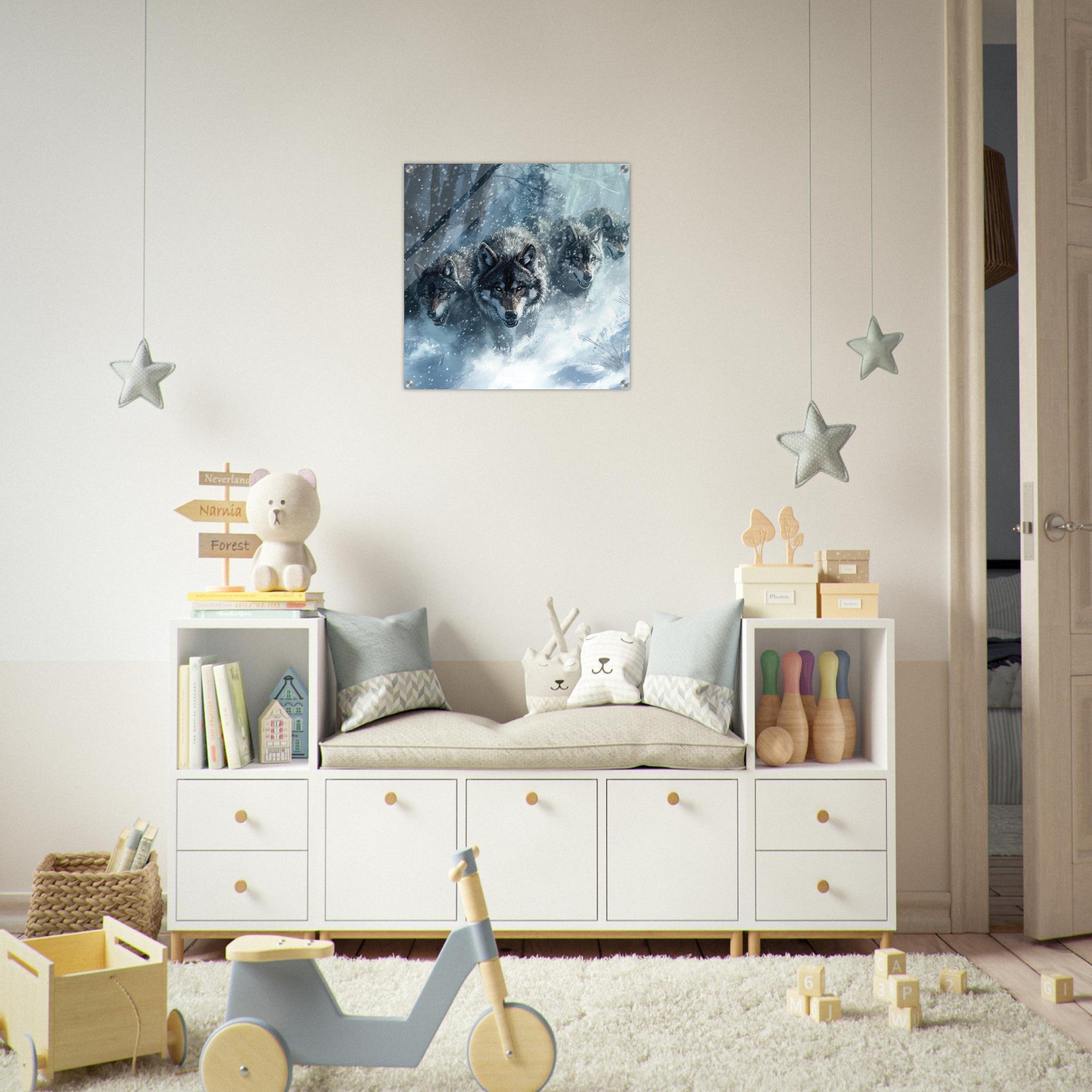 Acrylic Print Square - Wolf Pack in the Snowy Wilderness - Ai Art Force