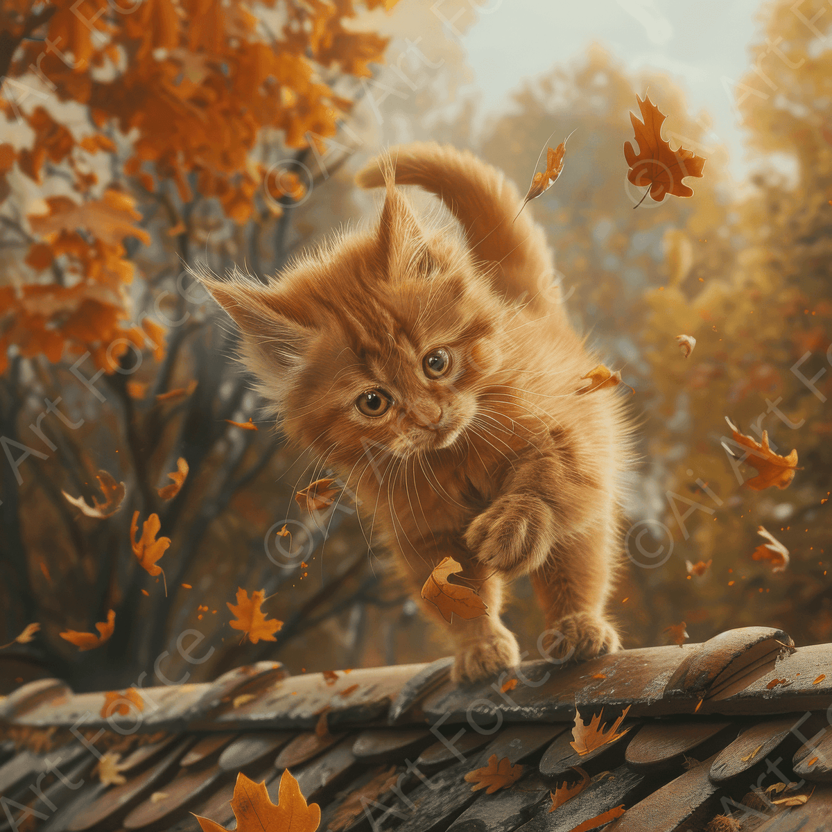Baby Kitty Cat following Leafs Playing garden tricks - Shop Ai Art WebShop - Digital Art online Store