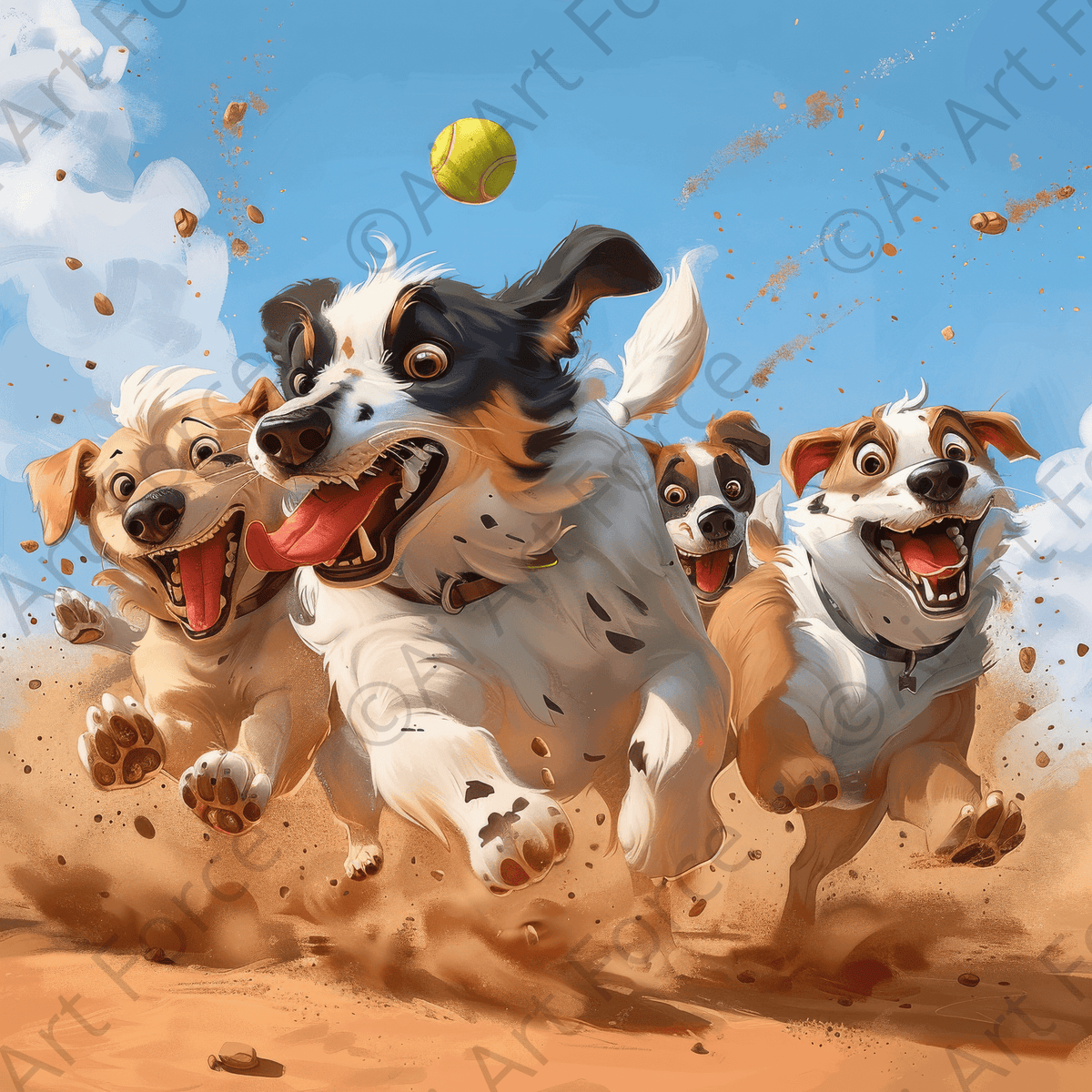 Dogs play tennis and having fun - Shop Ai Art WebShop - Digital Art online Store