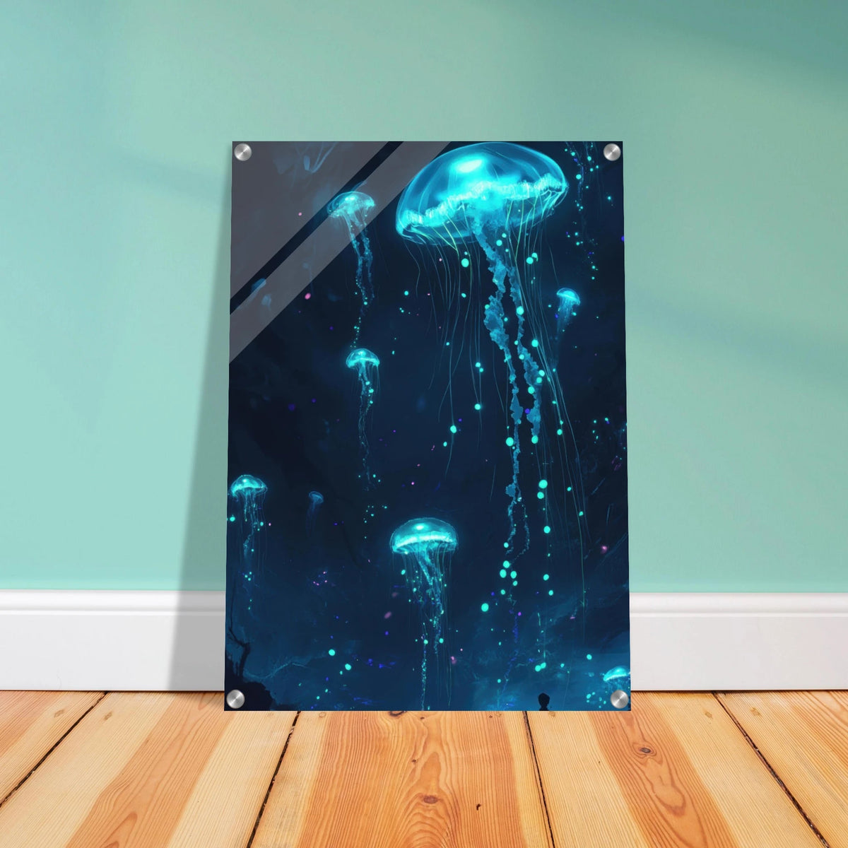 Glowing Bioluminescent Jellyfish in the Deep Tea - Shop Ai Art WebShop - Digital Art online Store