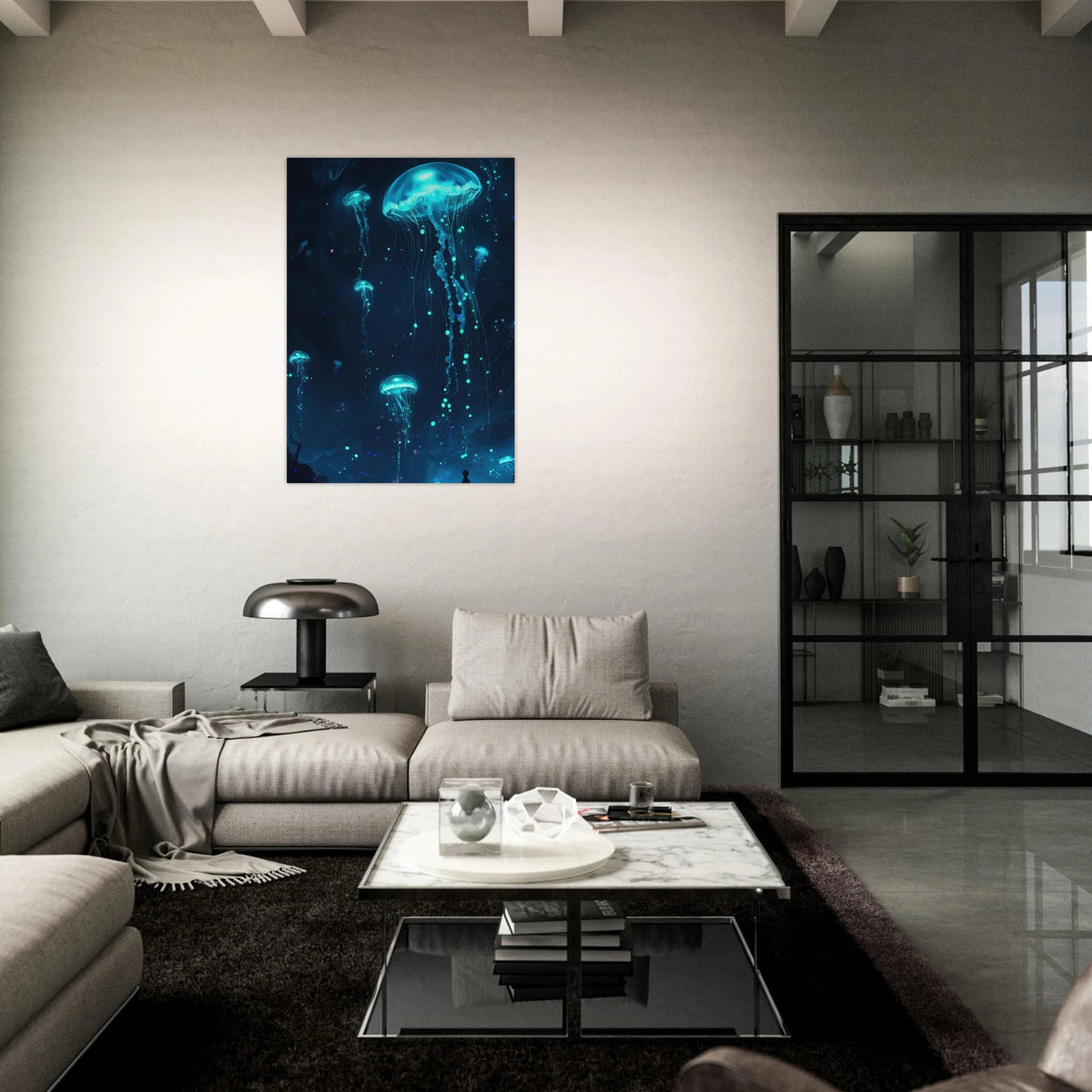 Glowing Bioluminescent Jellyfish in the Deep Tea - Shop Ai Art WebShop - Digital Art online Store