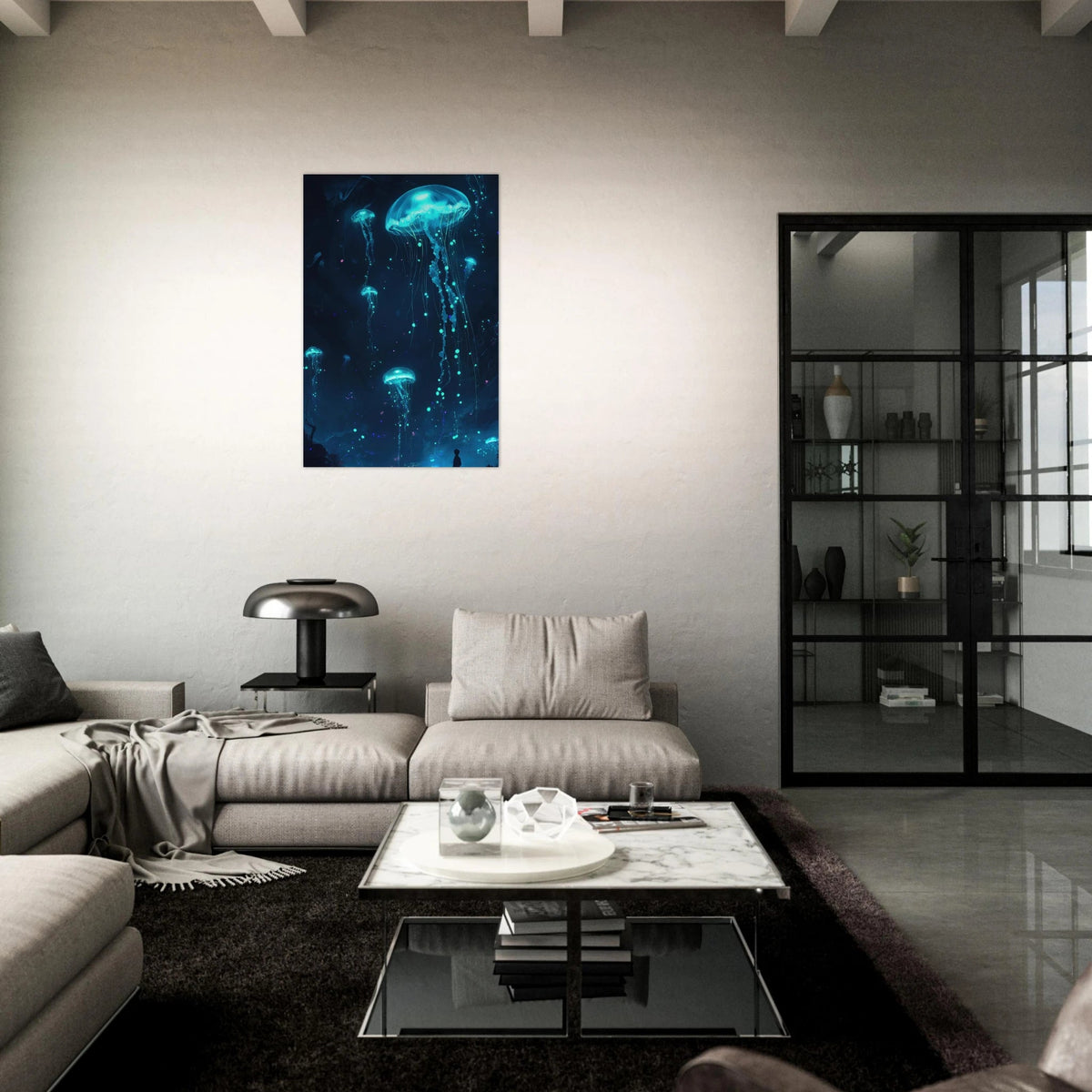 Glowing Bioluminescent Jellyfish in the Deep Tea - Shop Ai Art WebShop - Digital Art online Store