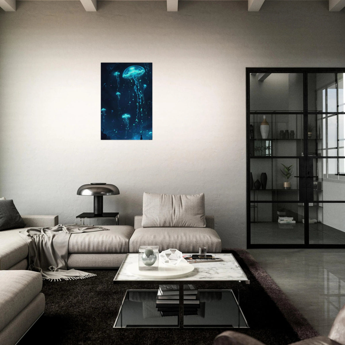 Glowing Bioluminescent Jellyfish in the Deep Tea - Shop Ai Art WebShop - Digital Art online Store