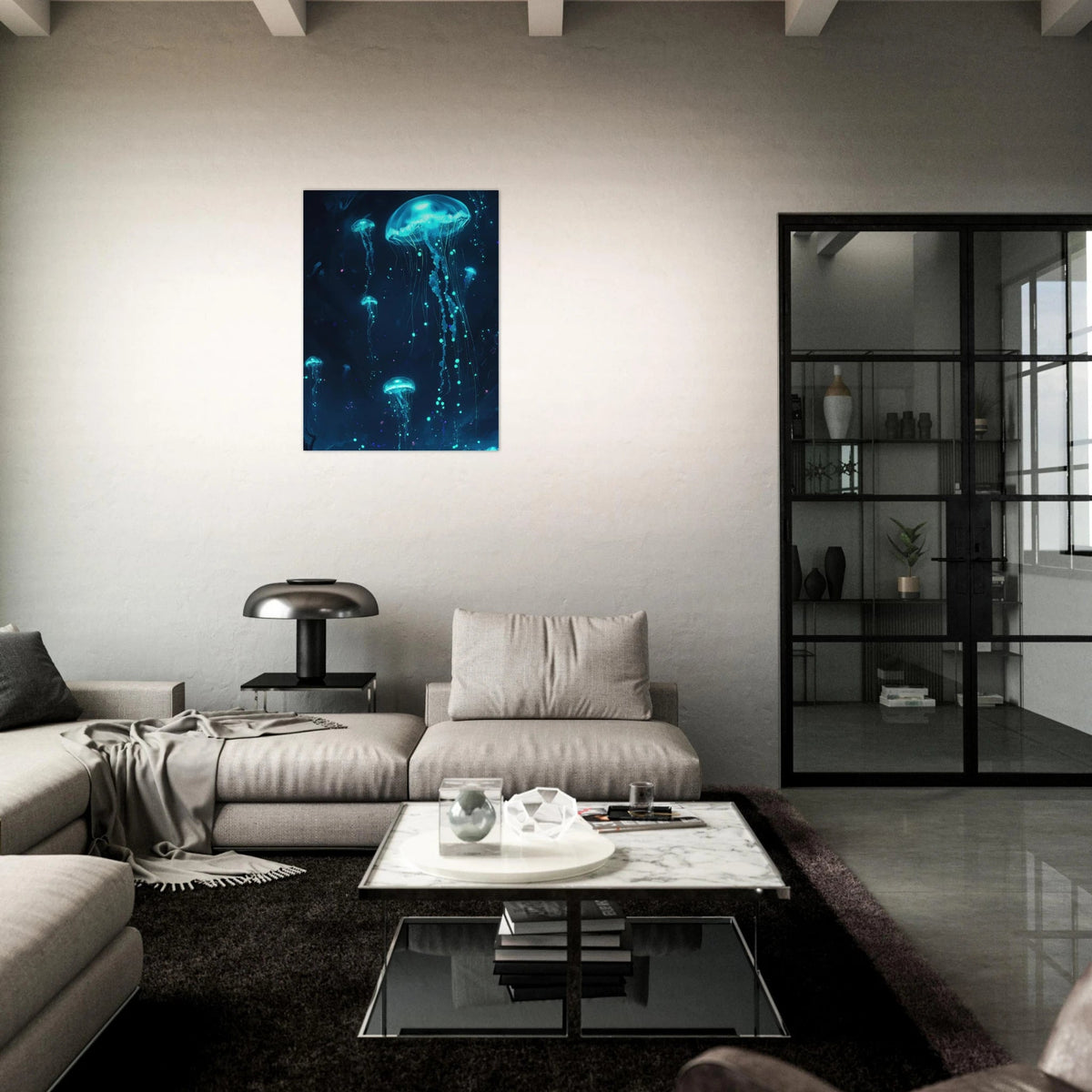 Glowing Bioluminescent Jellyfish in the Deep Tea - Shop Ai Art WebShop - Digital Art online Store
