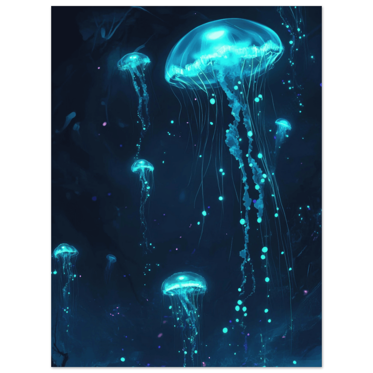 Glowing Bioluminescent Jellyfish in the Deep Tea - Shop Ai Art WebShop - Digital Art online Store
