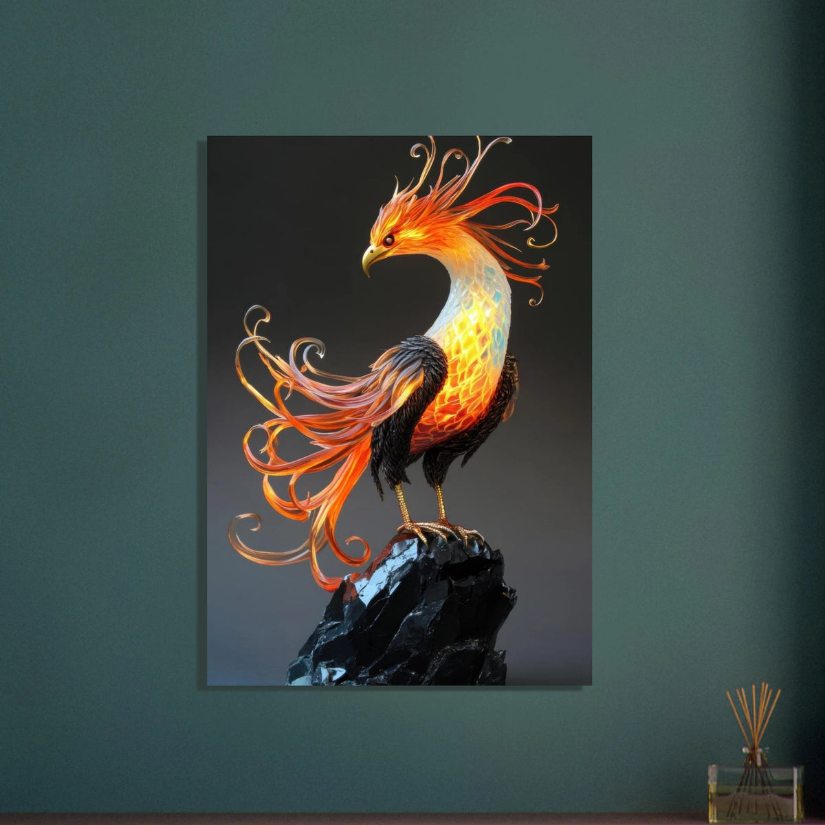 Hybrid phoenix with curling opal flame feather 2 - Shop Ai Art WebShop - Digital Art online Store