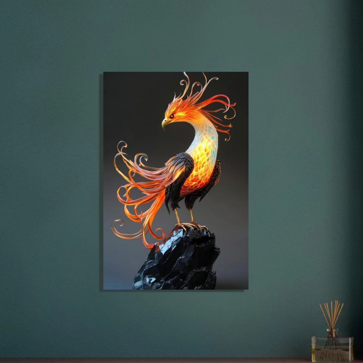 Hybrid phoenix with curling opal flame feather 2 - Shop Ai Art WebShop - Digital Art online Store