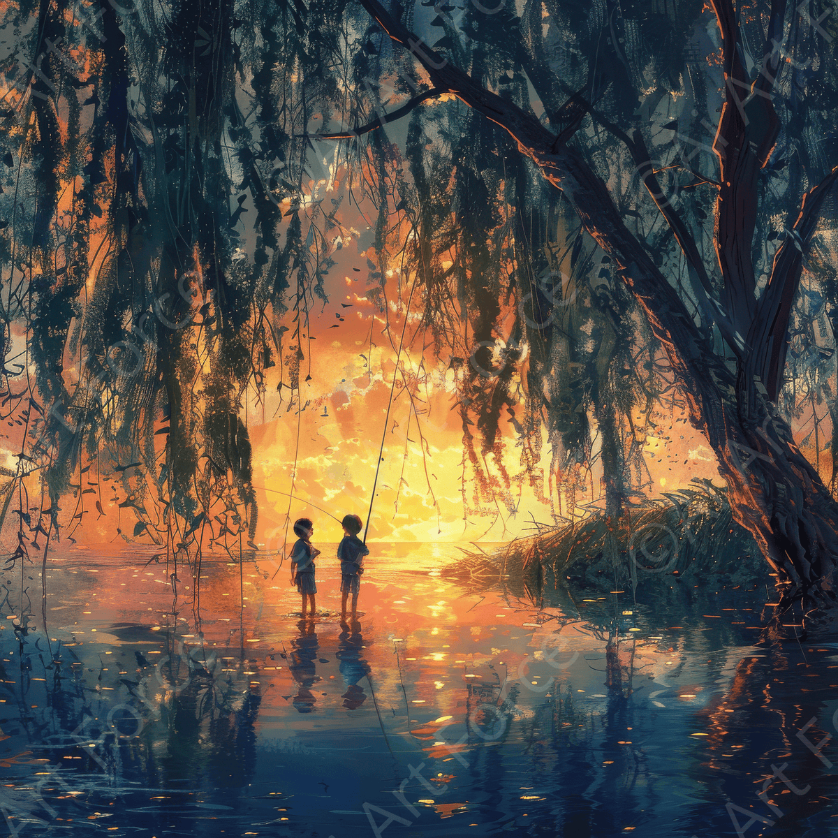 Impressionism Children fishing at a beautiful lake with Willow tree 1 - Shop Ai Art WebShop - Digital Art online Store