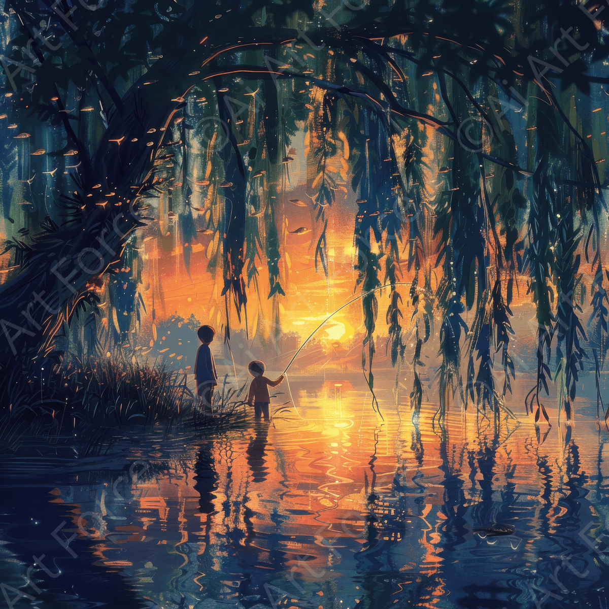 Impressionism Children fishing at a beautiful lake with Willow tree 12 - Shop Ai Art WebShop - Digital Art online Store