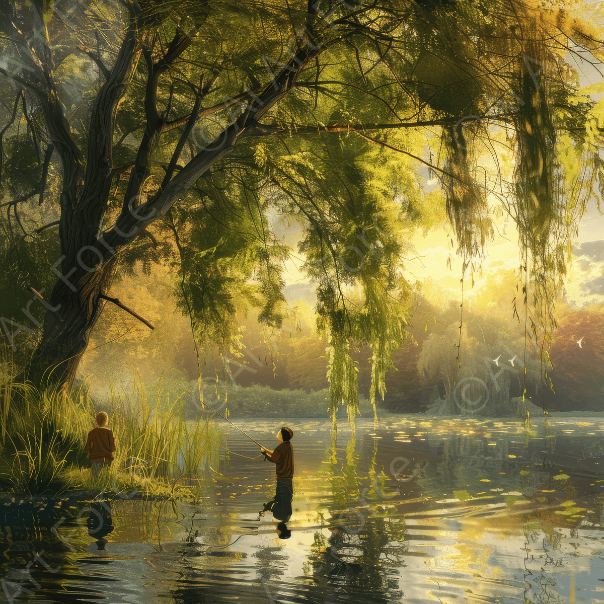 Impressionism Children fishing at a beautiful lake with Willow tree 2 - Shop Ai Art WebShop - Digital Art online Store