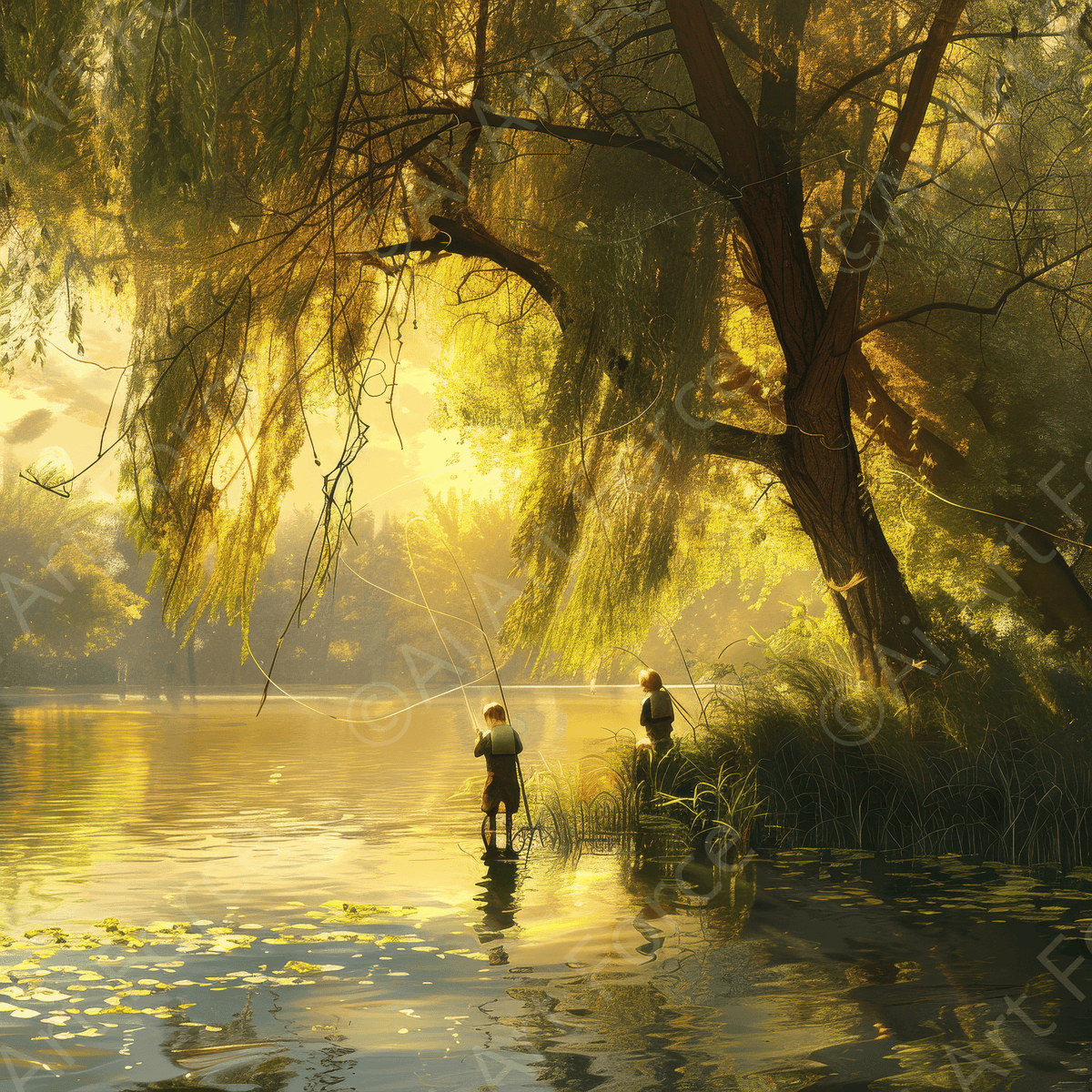 Impressionism Children fishing at a beautiful lake with Willow tree 3 - Shop Ai Art WebShop - Digital Art online Store