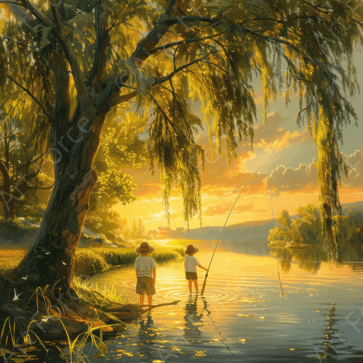 Impressionism Children fishing at a beautiful lake with Willow tree 8 - Shop Ai Art WebShop - Digital Art online Store