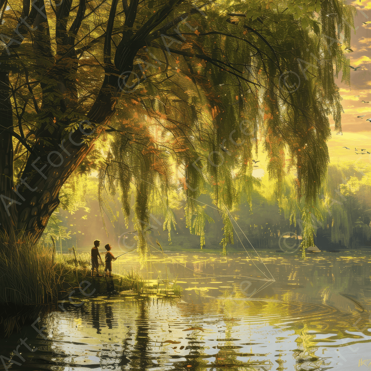 Impressionism Children fishing at a beautiful lake with Willow tree 9 - Shop Ai Art WebShop - Digital Art online Store