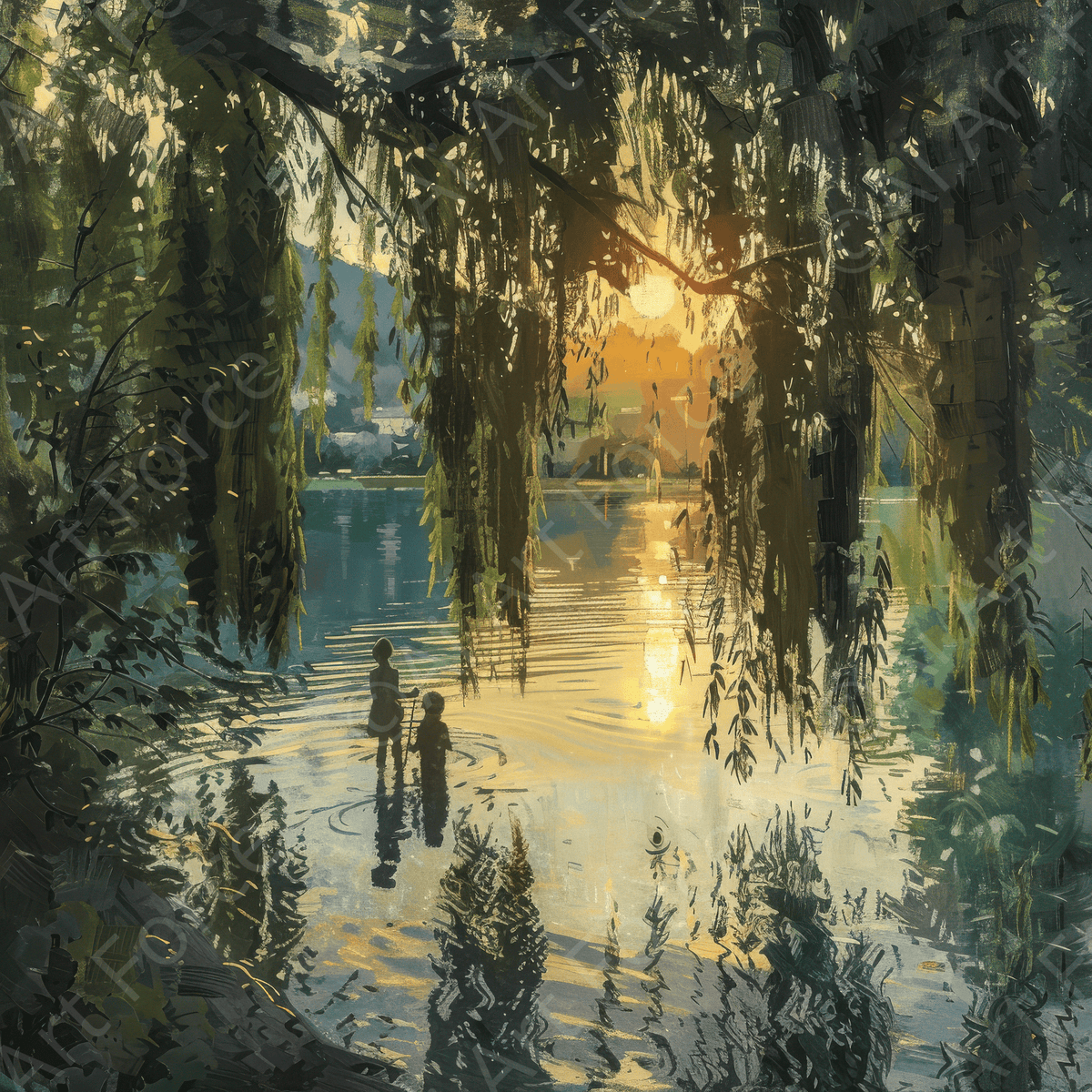 Impressionism Children playing at a beautiful lake with Willow tree 1 - Shop Ai Art WebShop - Digital Art online Store
