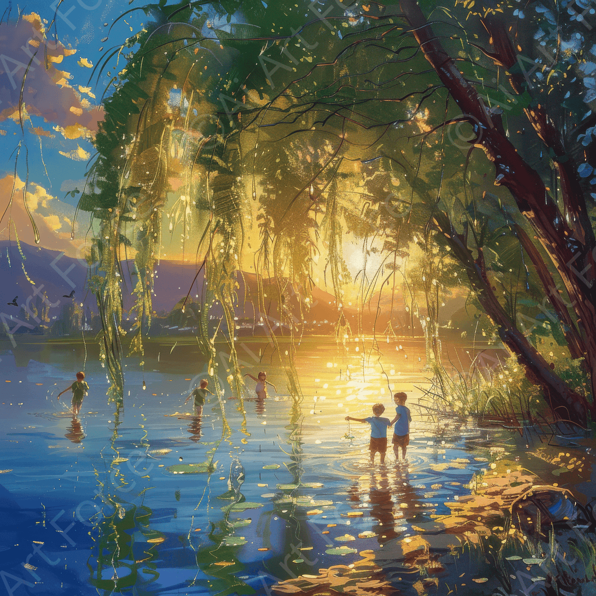 Impressionism Children playing at a beautiful lake with Willow tree 2 - Shop Ai Art WebShop - Digital Art online Store