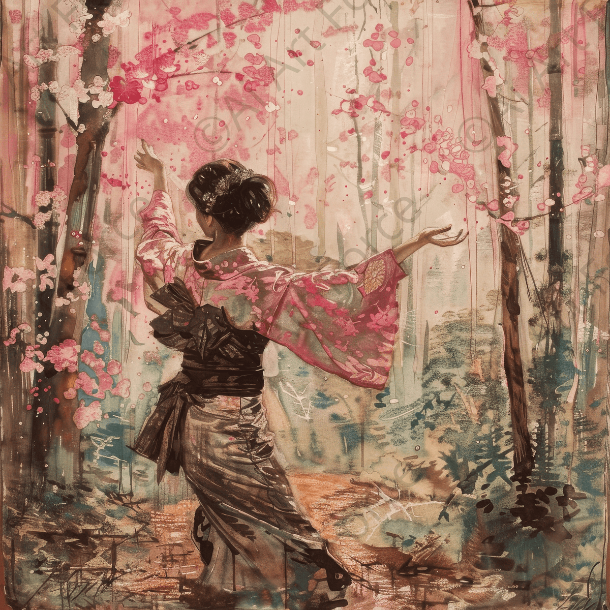 Impressionism Japanese woman dancing in authentic cloathes 2 - Shop Ai Art WebShop - Digital Art online Store