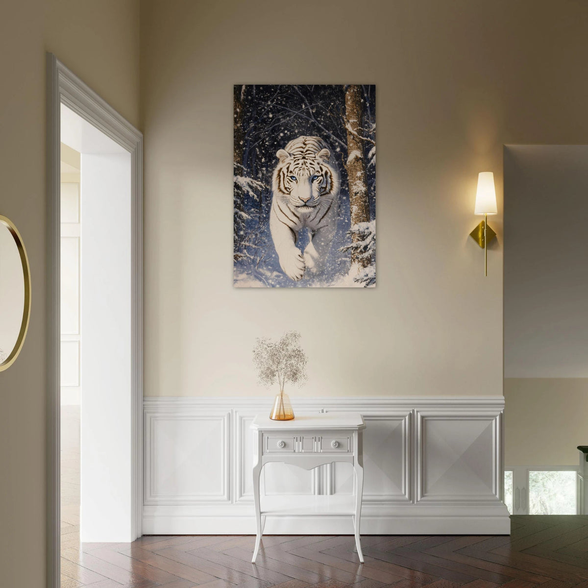 Majestic White Tiger in a Snowy Forest A powerful - Shop Ai Art WebShop - Digital Art online Store