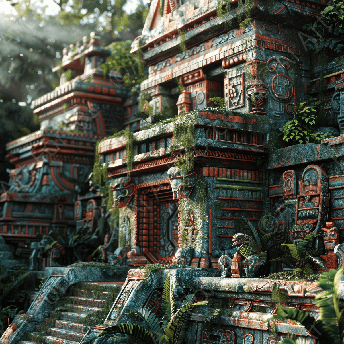 Mayan historical site artwork depicting ancient temple ruins - high-quality digital AI art for collectors and history enthusiasts