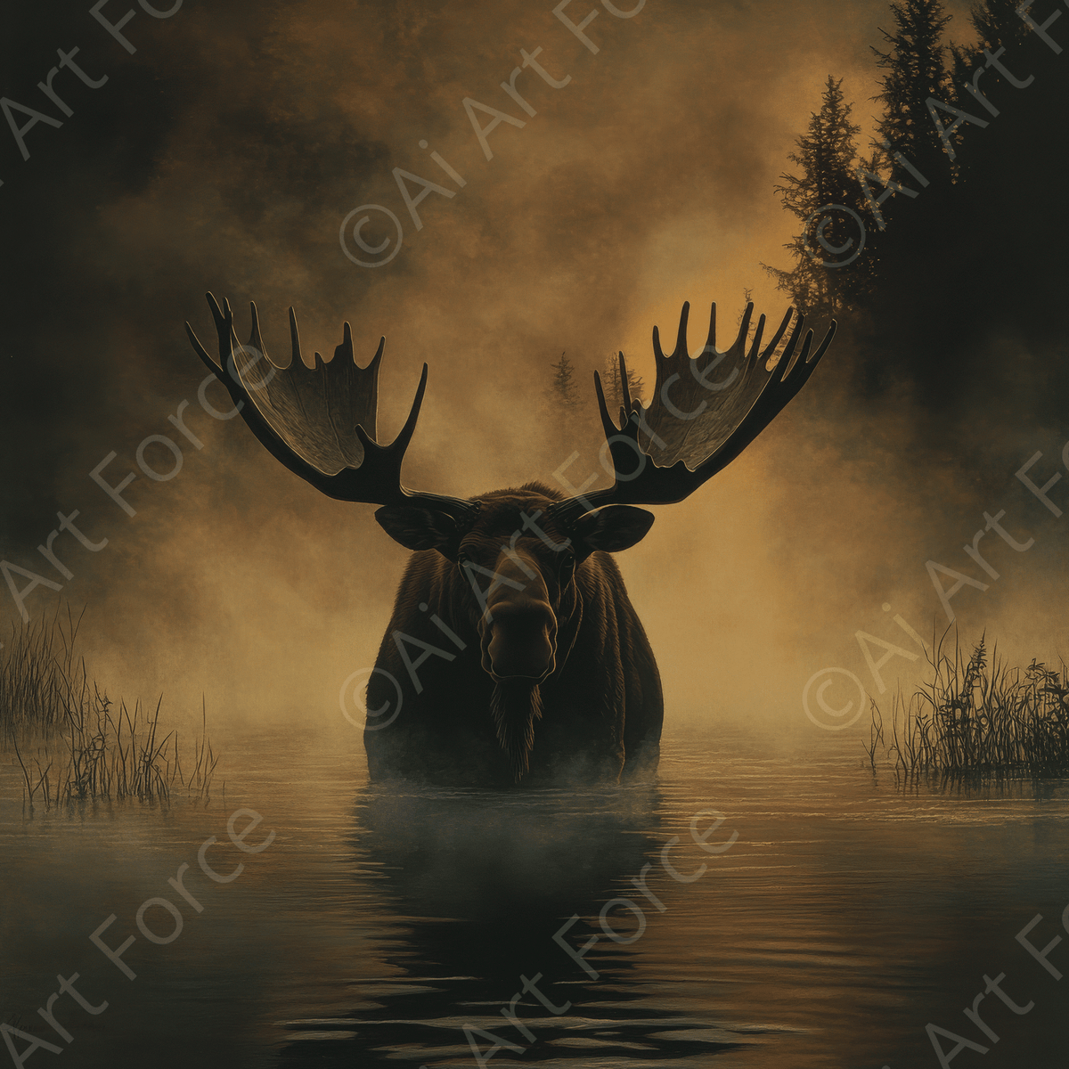 Moose Standing in a Misty Lake 2 - Shop Ai Art WebShop - Digital Art online Store