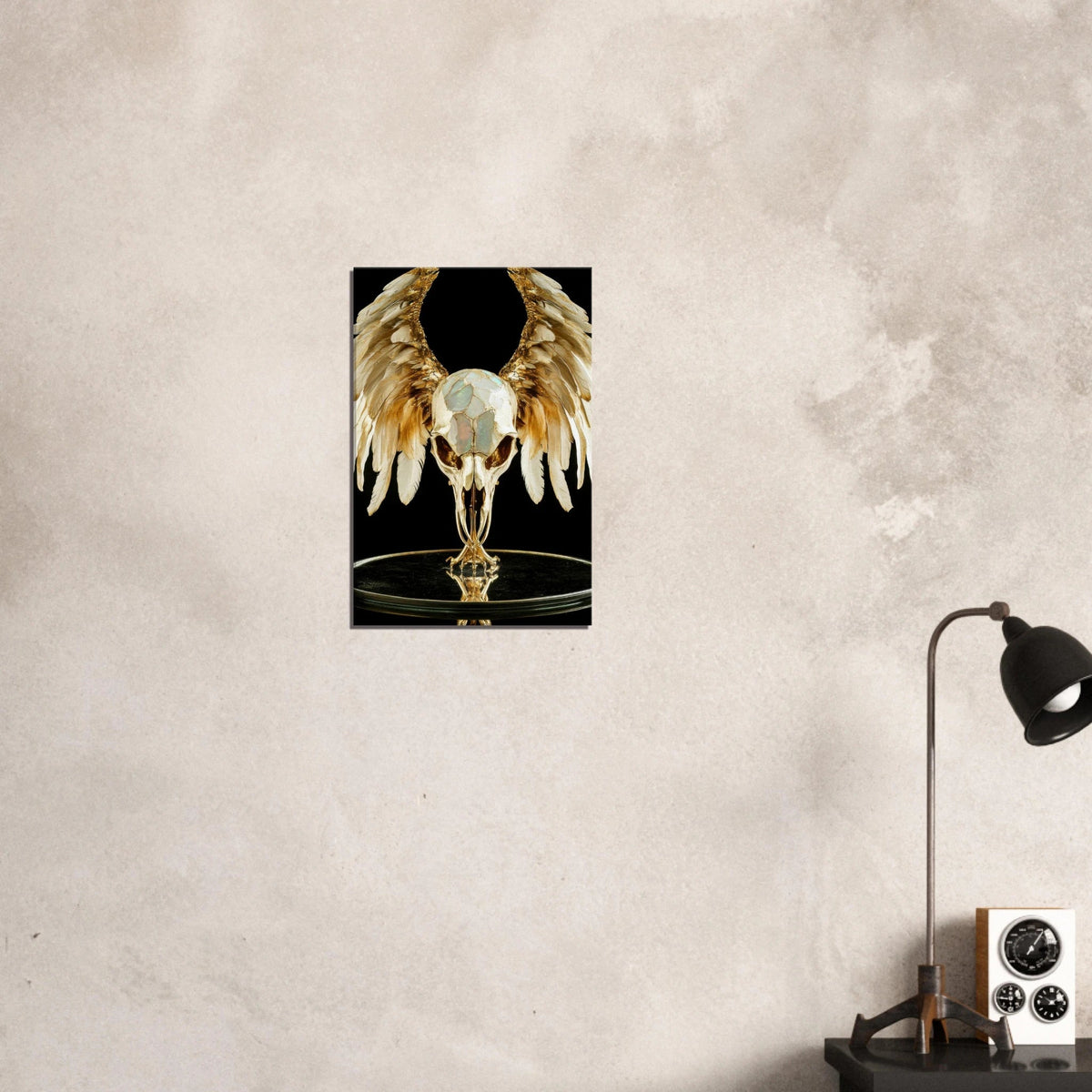 Mythical bird skull plated in gold wings - Shop Ai Art WebShop - Digital Art online Store